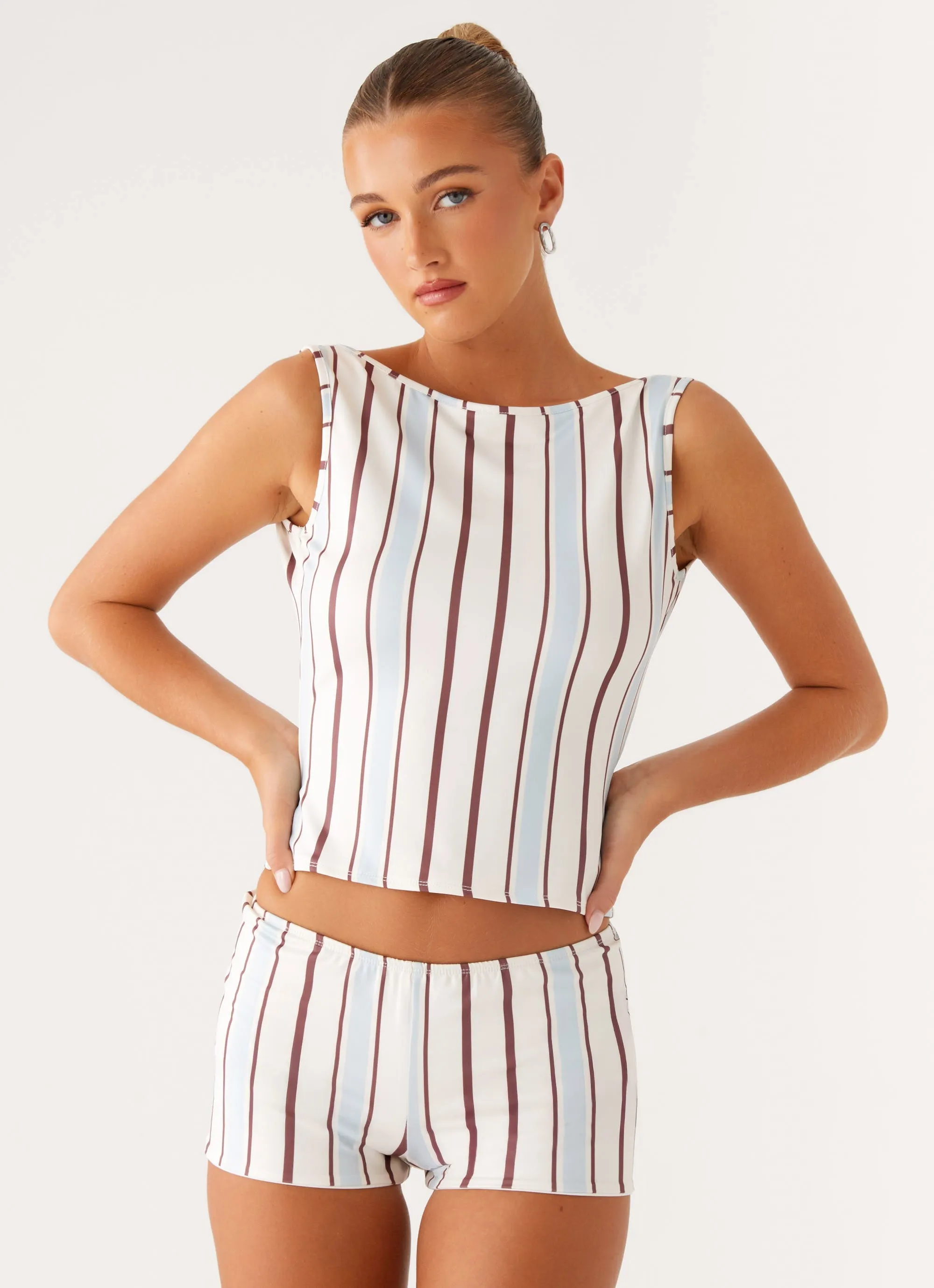 Casual Blouse Adjustable Cuff Sun's Out Low Rise Mini Shorts - Blue Stripe