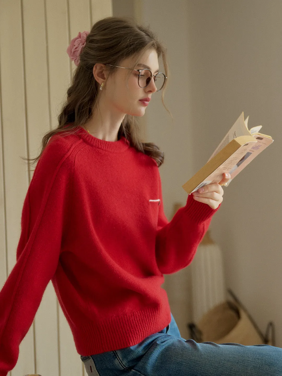 Oversized Collar Natalie Solid Raglan Sleeve Pocket Patched 100% Wool Sweater - Red