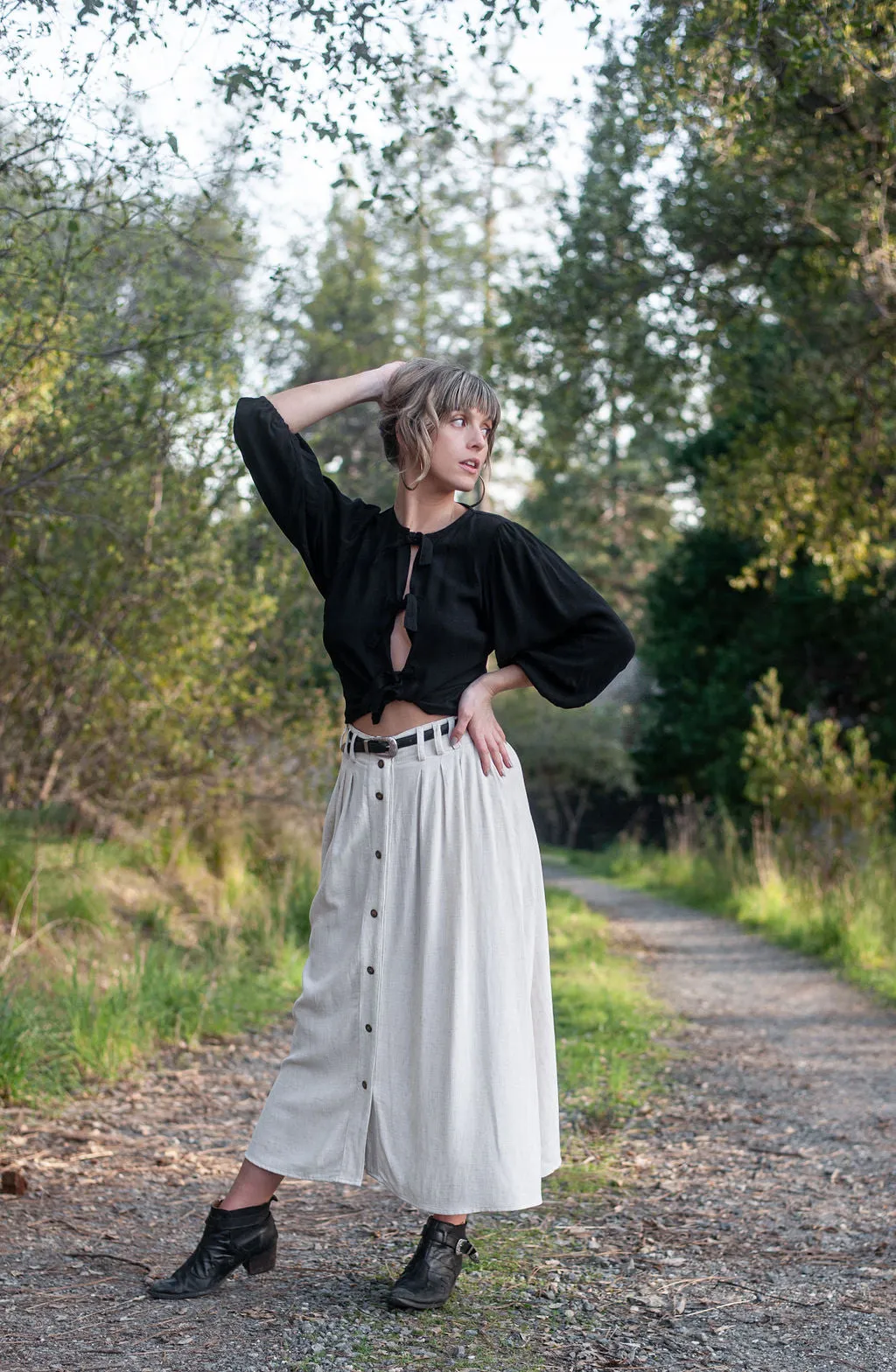 Poet Top in Black Cotton Tagless Neckline Contrast Stitch Detailing