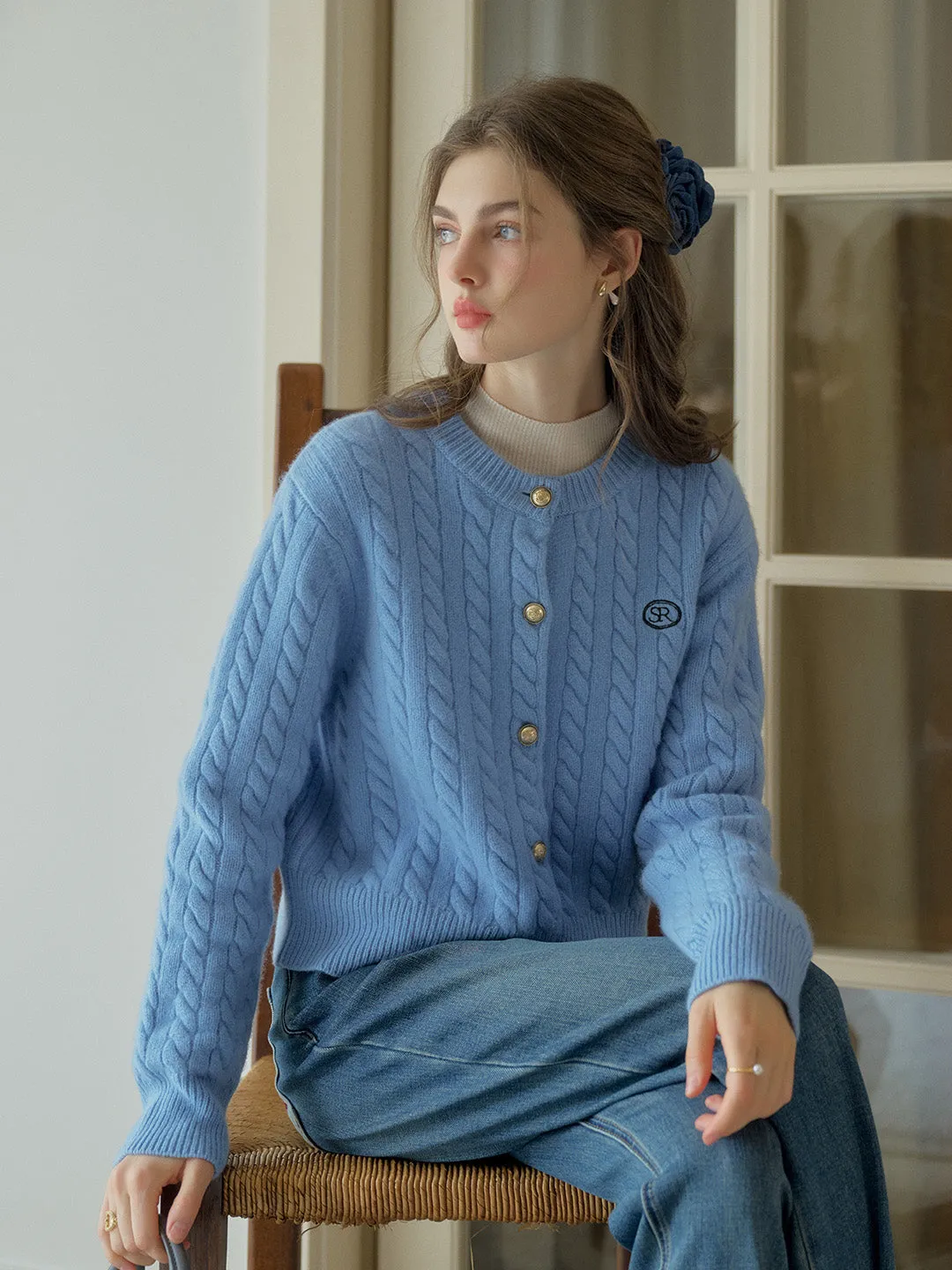 Carla SR Design Logo Round Neck Embroidered Knit  100% Wool Cardigan Contoured Armhole Design