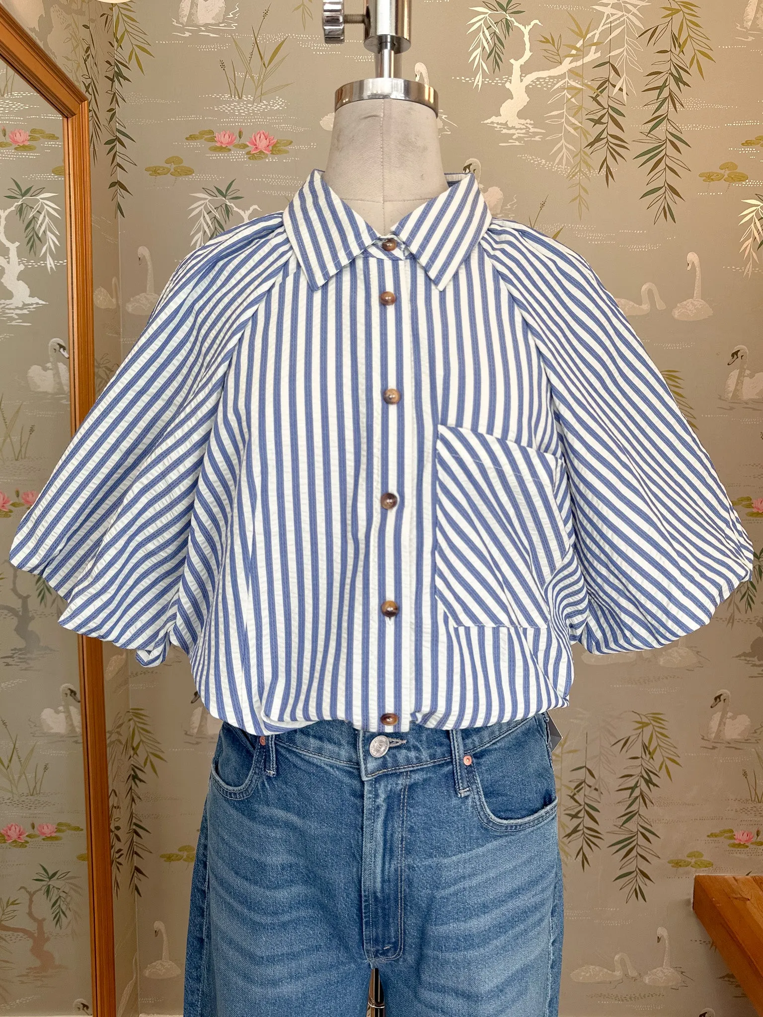 Sophie Pinstripe Blouse - Blue MoistureWicking Fabric Cold Weather