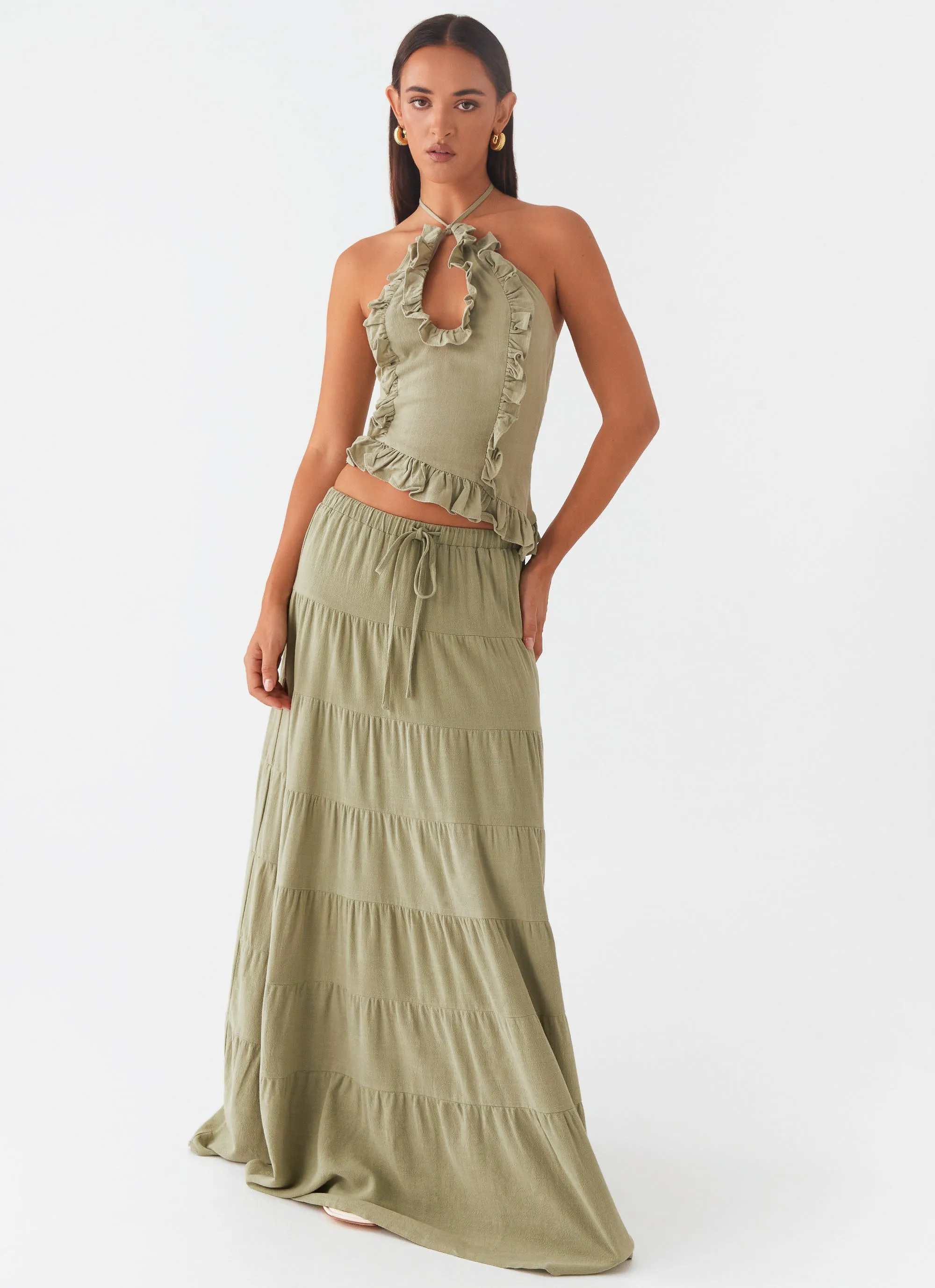 Pleated Construction Mariella Linen Maxi Skirt - Sage
