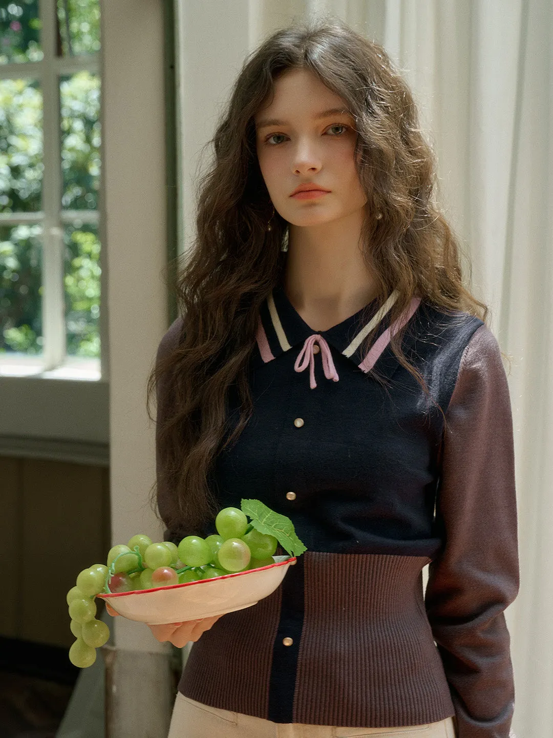 Tagless Neckline Design ??Final Sale??Dahlia Clashing Colours Doll Neck Bowknot Pullover Sweater