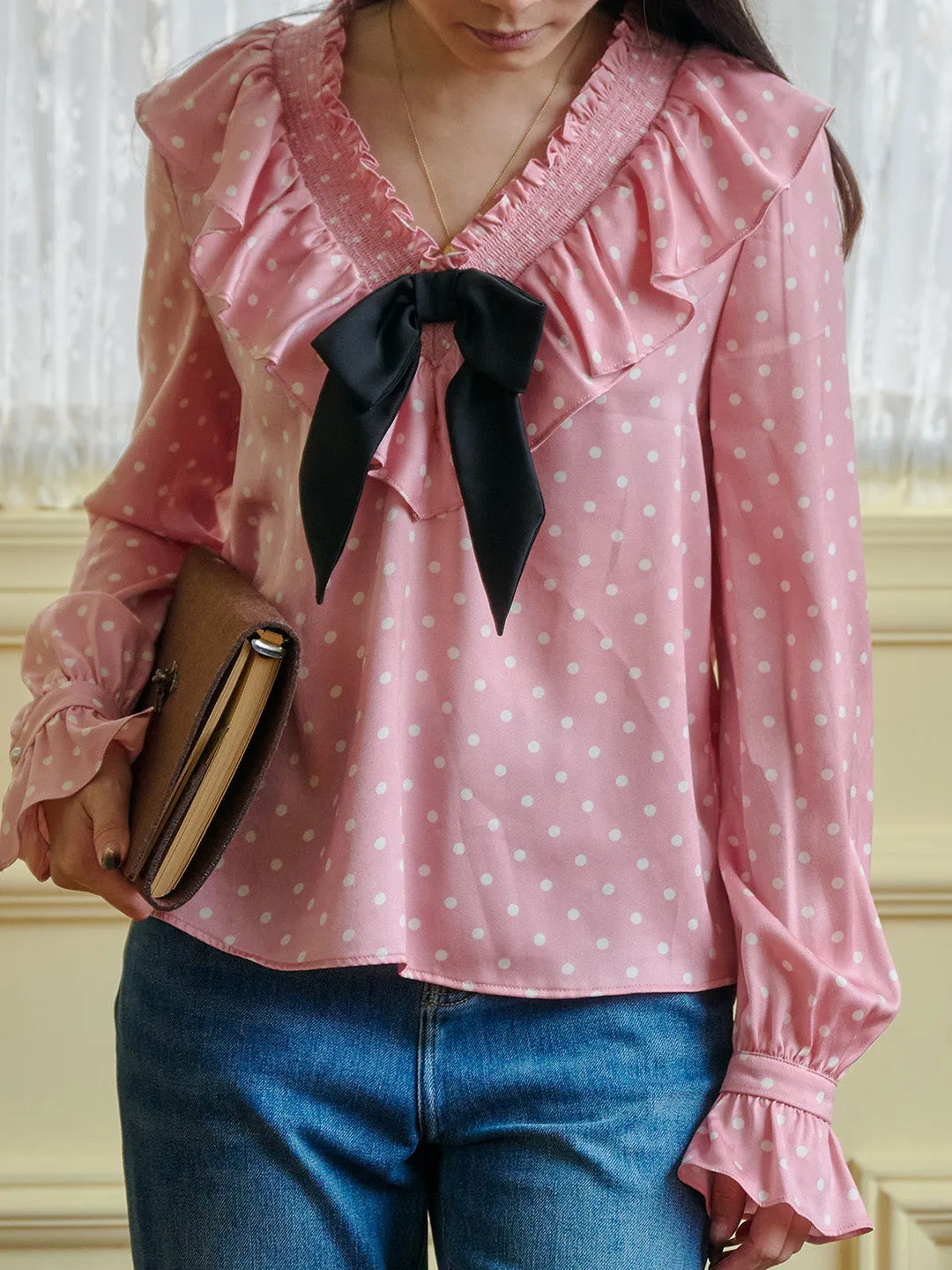 TonalStitching Tapered Side Panels ??Final Sale??Nadia V-Neck Dot Bow Blouse