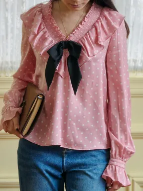 Modern Look ??Final Sale??Nadia V-Neck Dot Bow Blouse