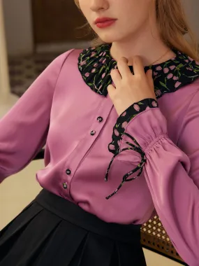 Hazel Contrast Lapel Trumpet Sleeves Blouse Softened Edges Airy Mesh Lining