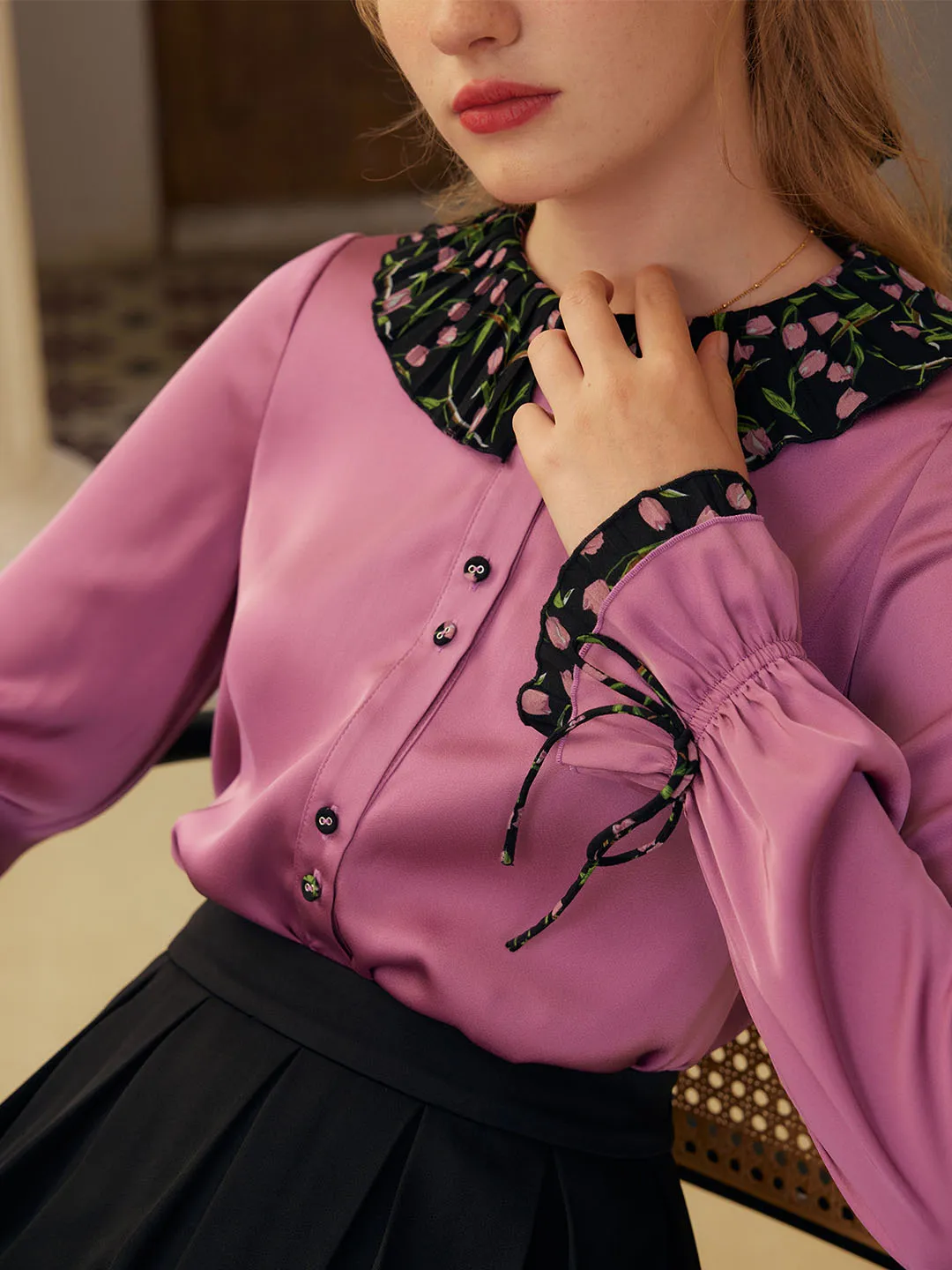 Hazel Contrast Lapel Trumpet Sleeves Blouse Roll Up Sleeve Design Stretch Blouse