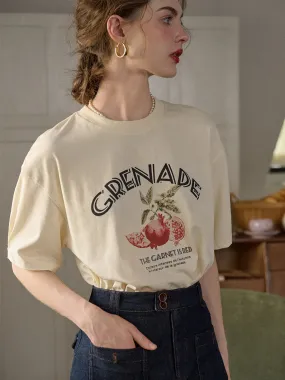 Amirah Classic Crew Neck Pomegranate Print Cotton T-shirt Non Irritating Label