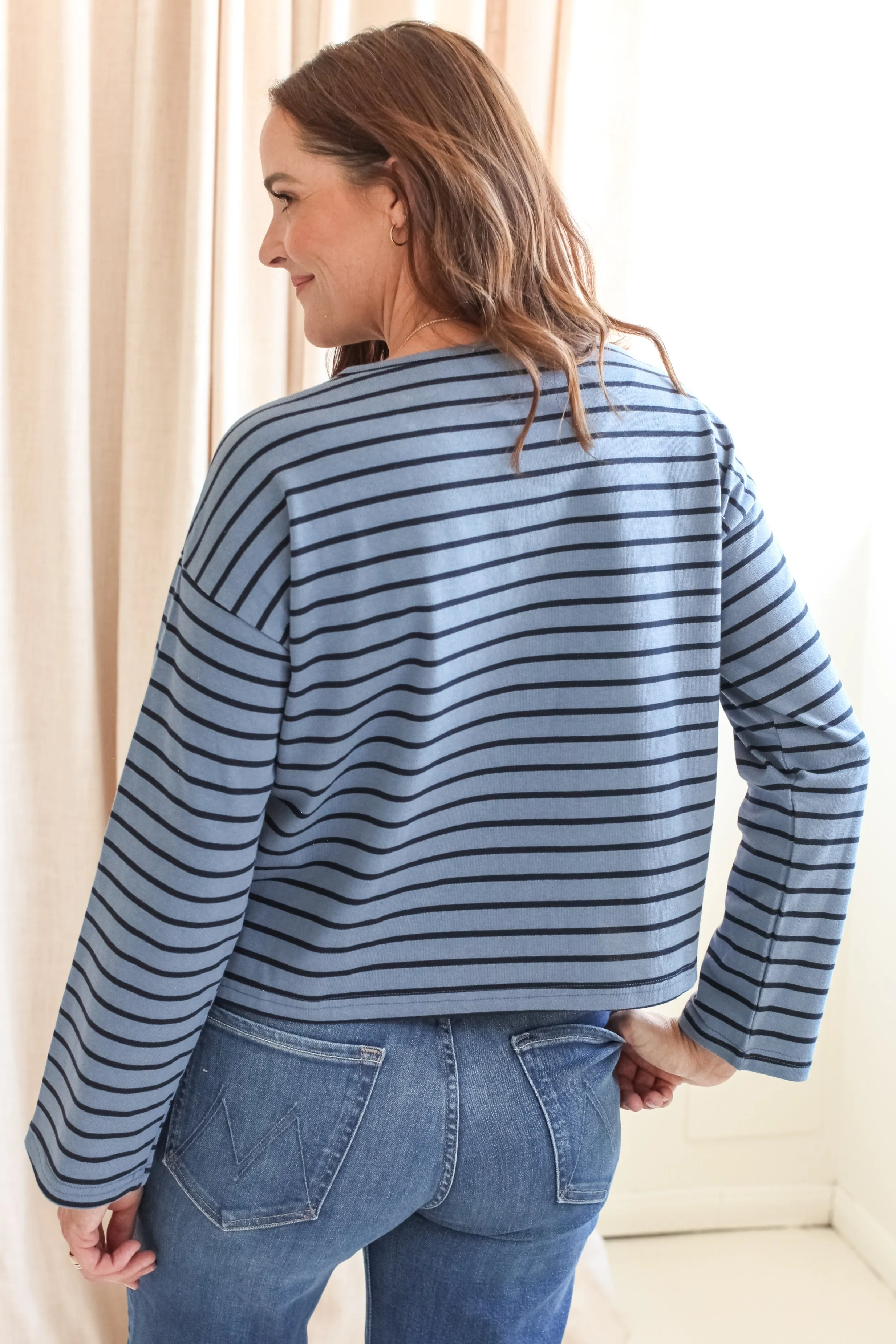 Shelly Stripe Top- Blue NonRestrictiveCollar Slim Silhouette