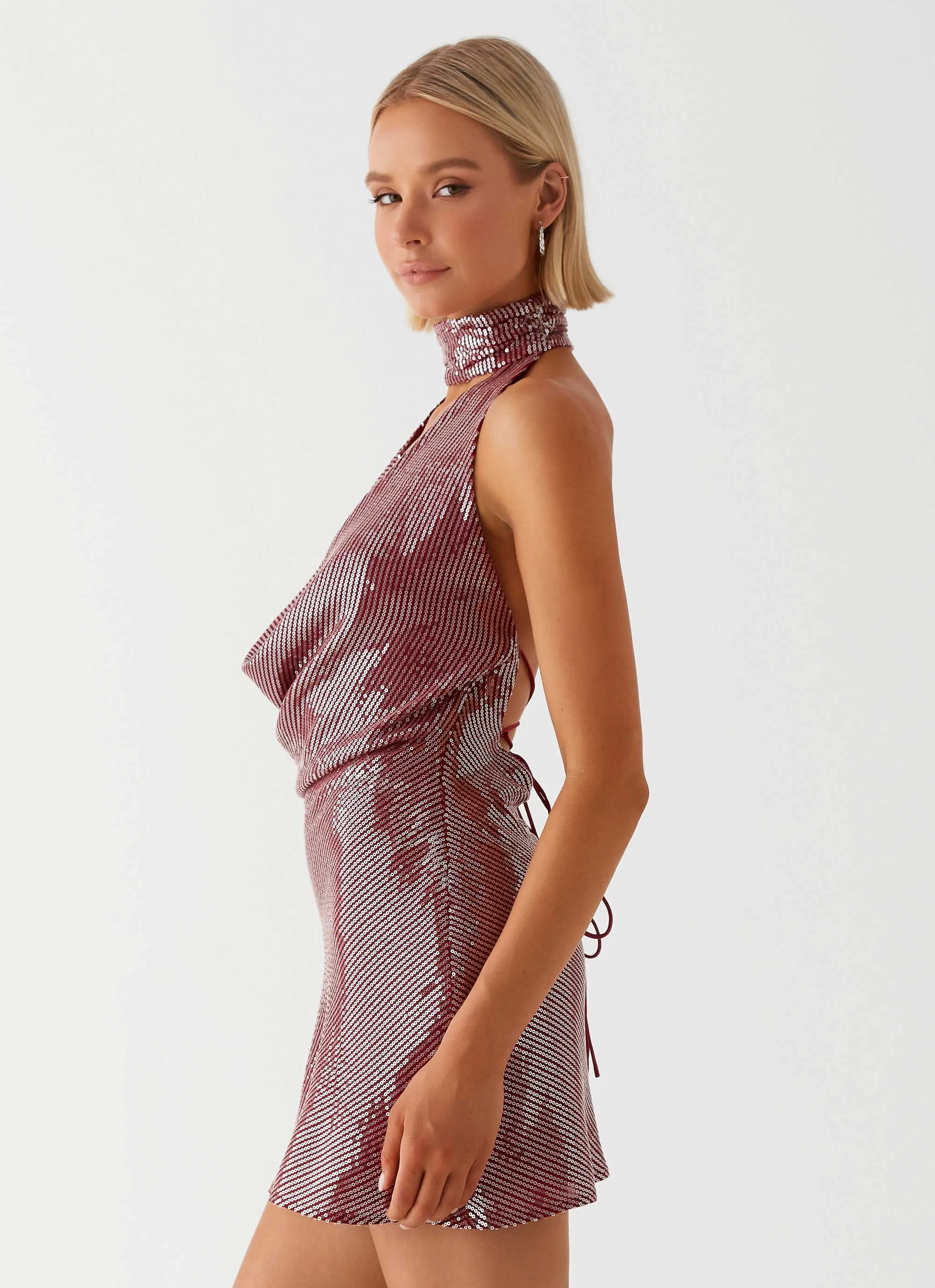 Lightweight Lining Nora Sequin Cowl Neck Mini Dress - Red