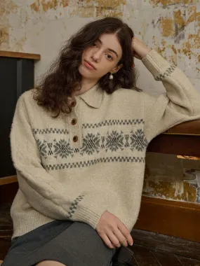 Tagless Design Tagless Collar Norah Snowflake Jacquard Polo Fair Isle Knit Sweater-Grey