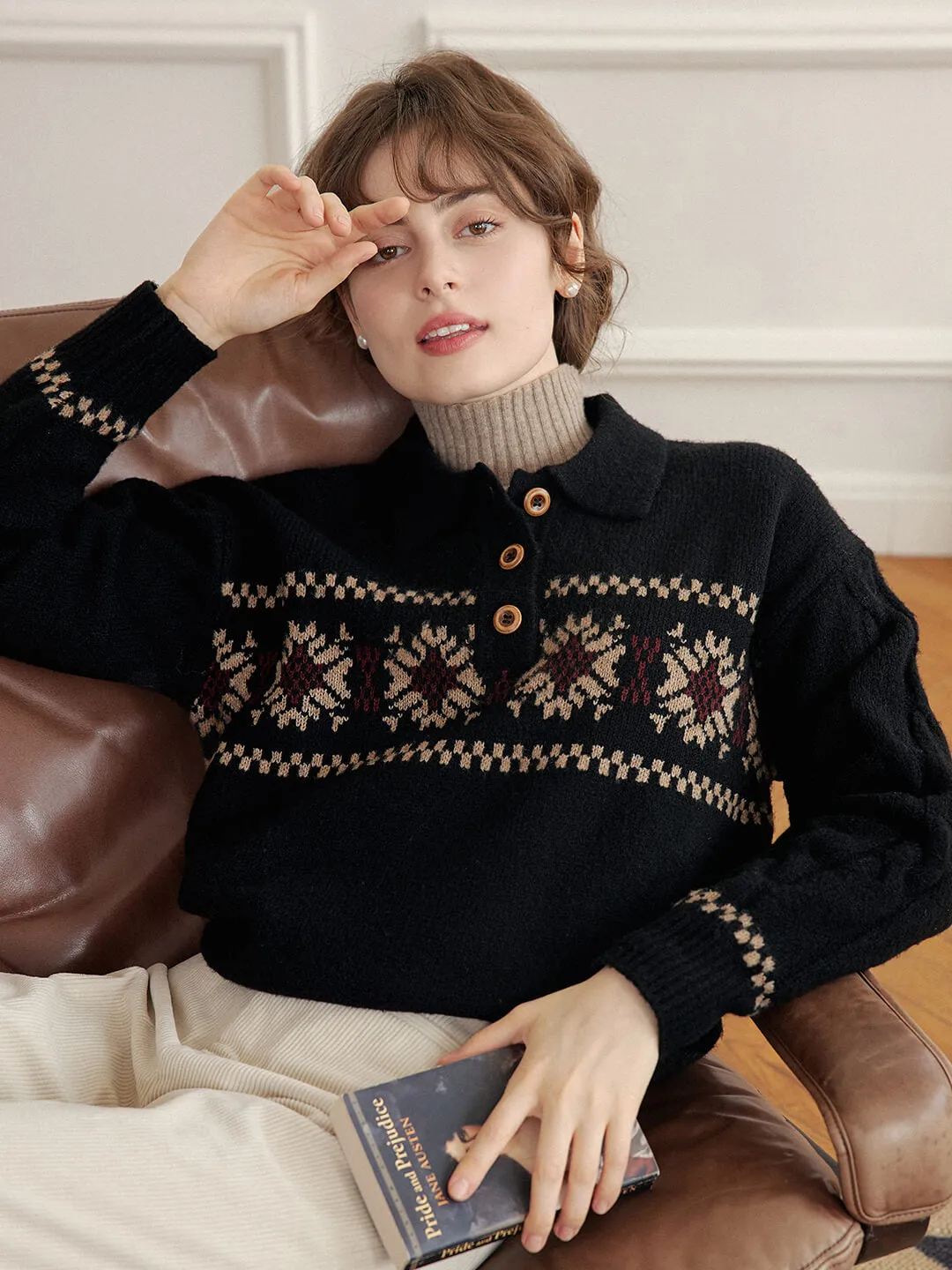Norah Snowflake Jacquard Polo Fair Isle Knit Sweater Fitted Design AntiOdor