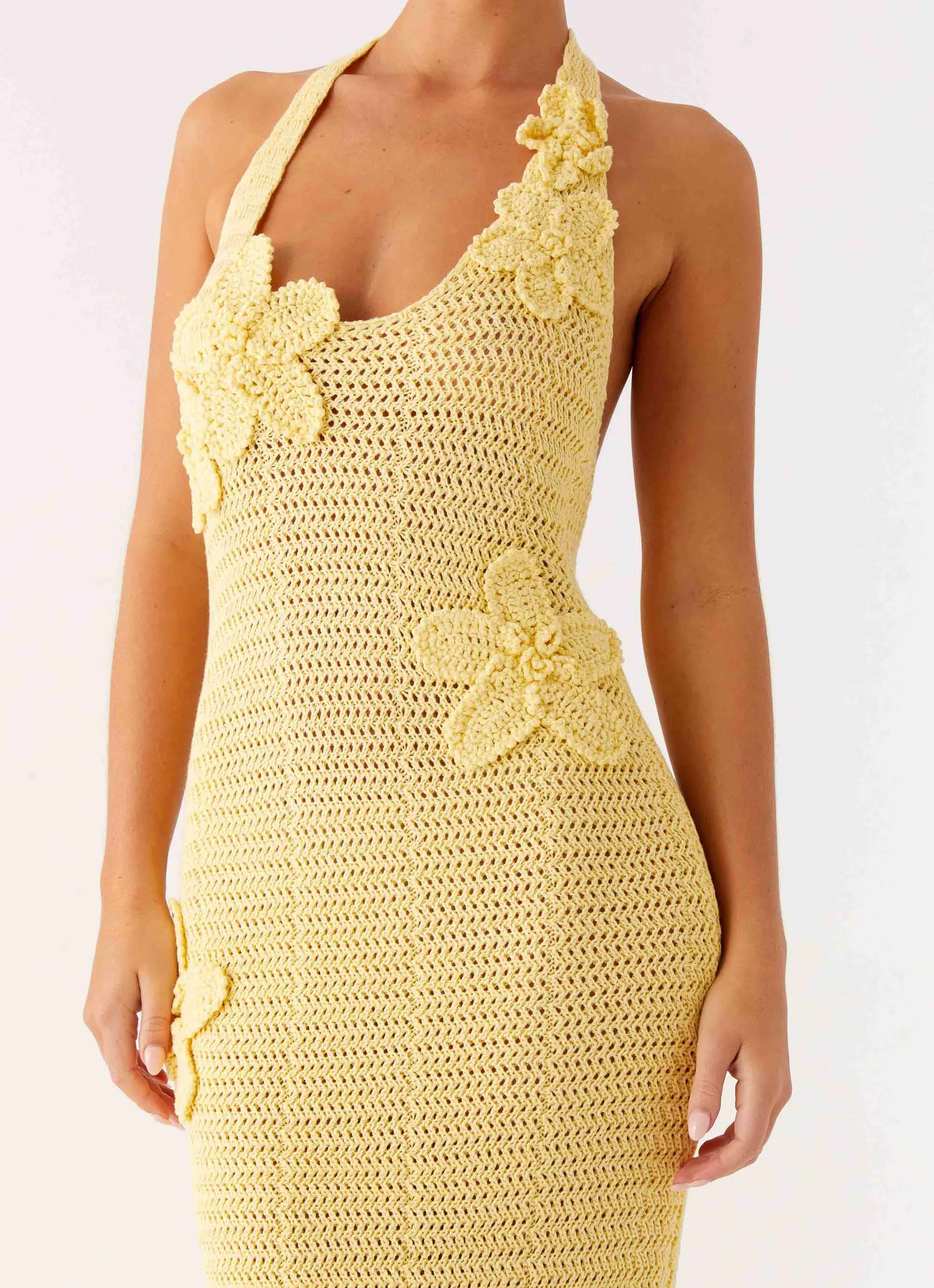 Novalee Flower Crochet Maxi Dress - Yellow High Waist Relaxed Design