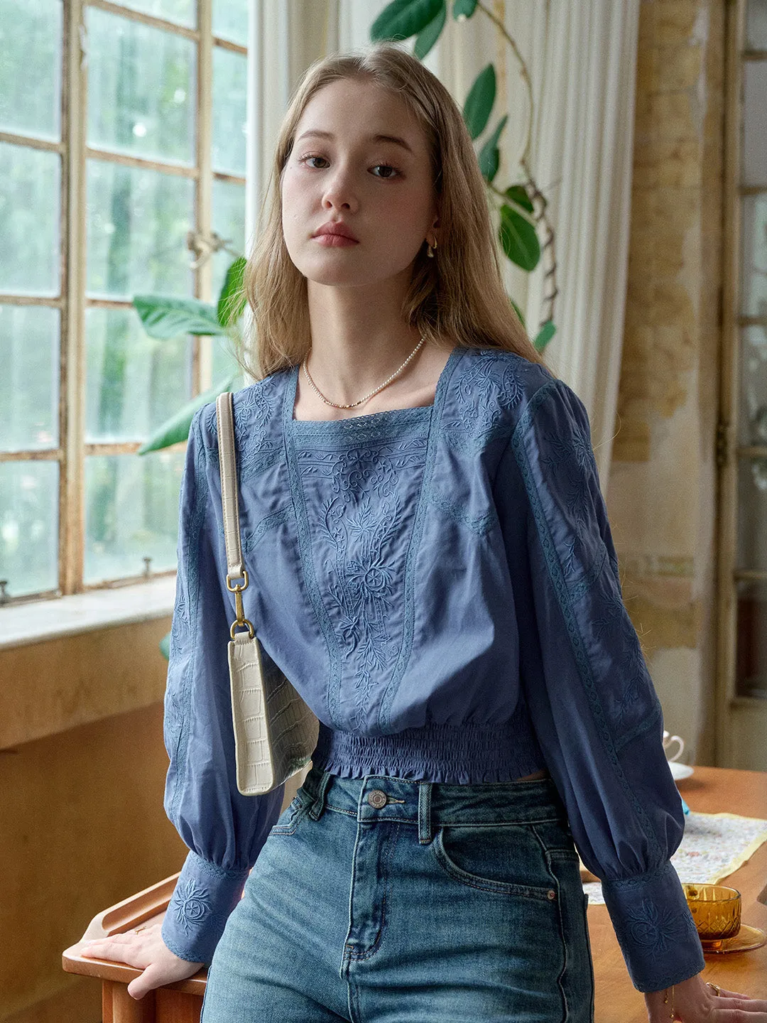 MoistureWicking Fabric Oakley Square Neck Jacquard Lace Blue Blouse