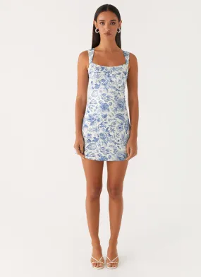 Odette Satin Mini Dress - Blue Paisley Machine washable