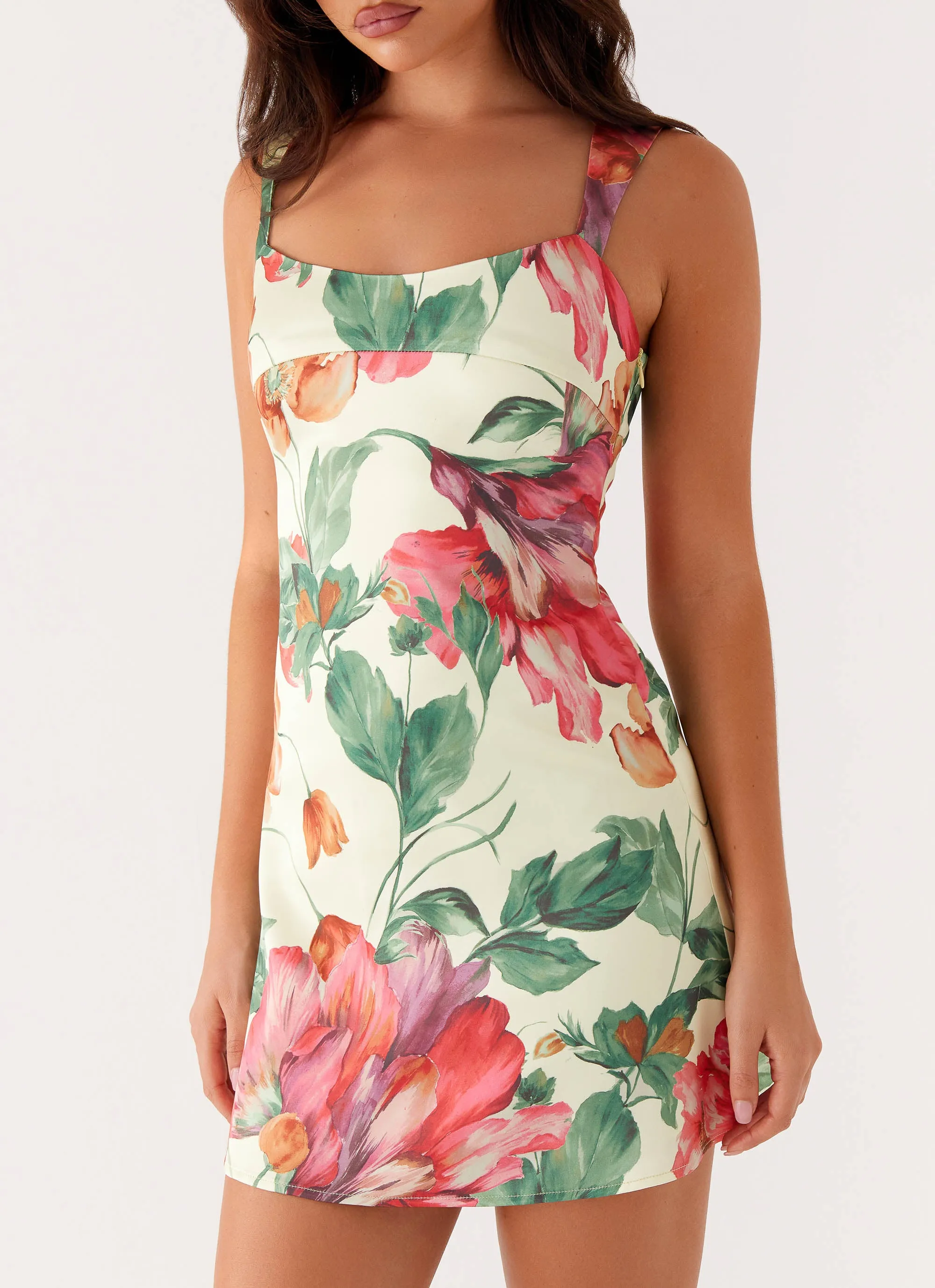 Odette Satin Mini Dress - Yellow Floral Modest Wear Shirred Back