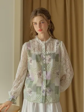 Flatlock Stitching Technique Vivienne Lace Collar Patchwork Blouse - Green