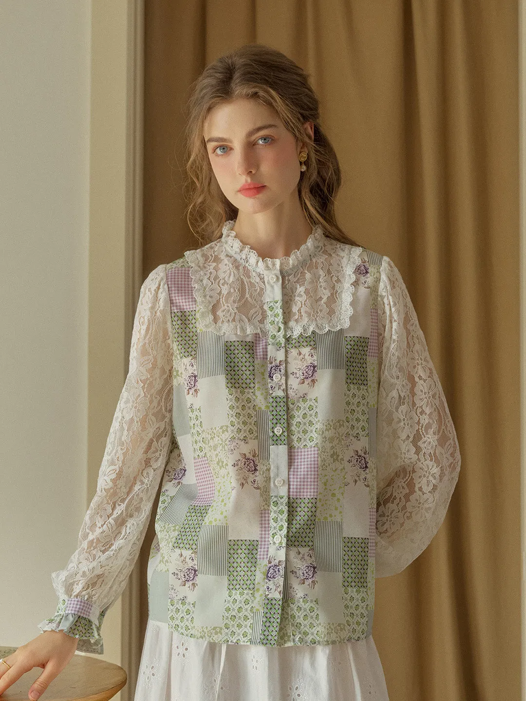 Flatlock Stitching Technique Vivienne Lace Collar Patchwork Blouse - Green