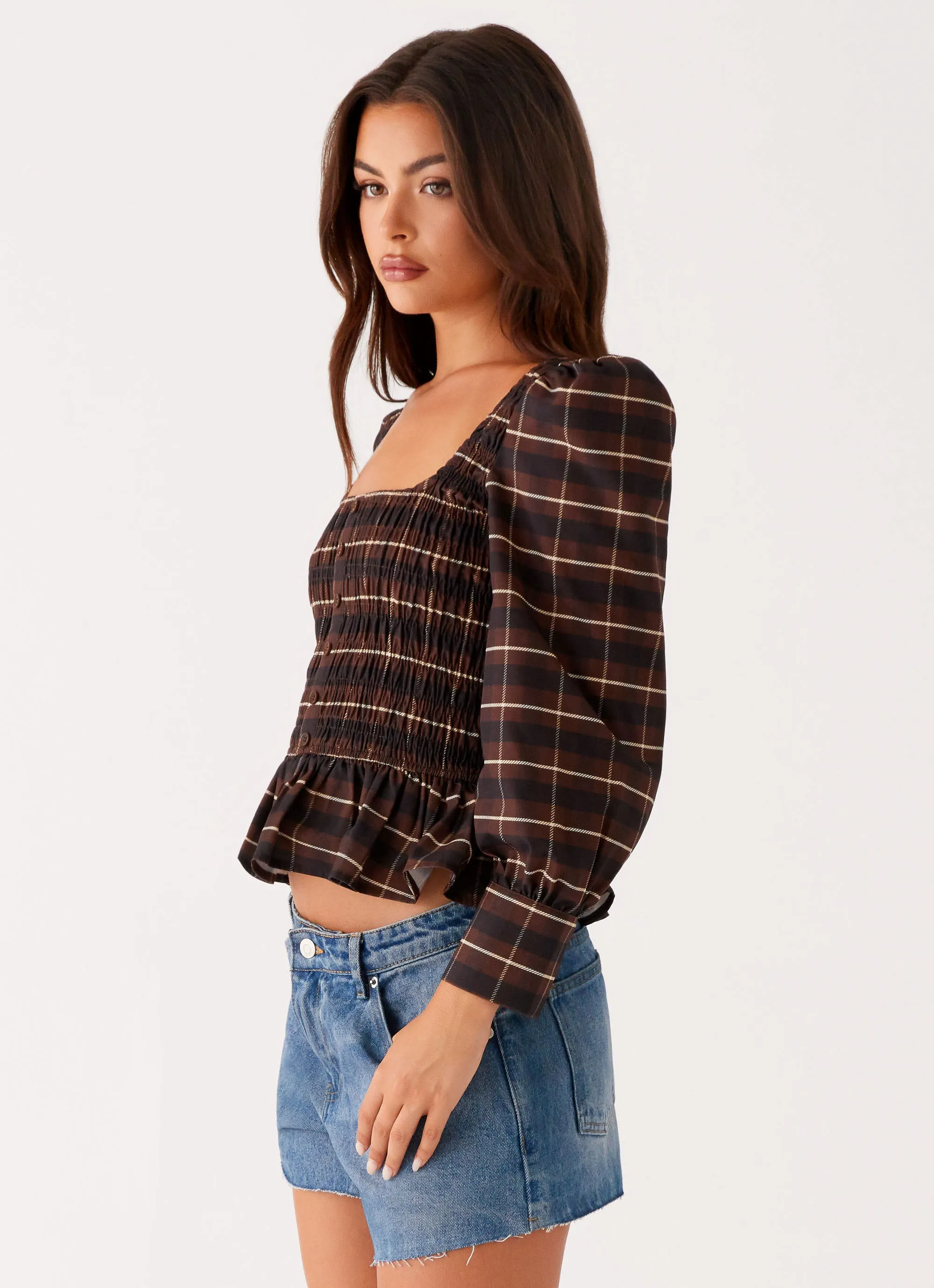 NonFadeFinish Joyce Long Sleeve Shirred Top - Chocolate Check