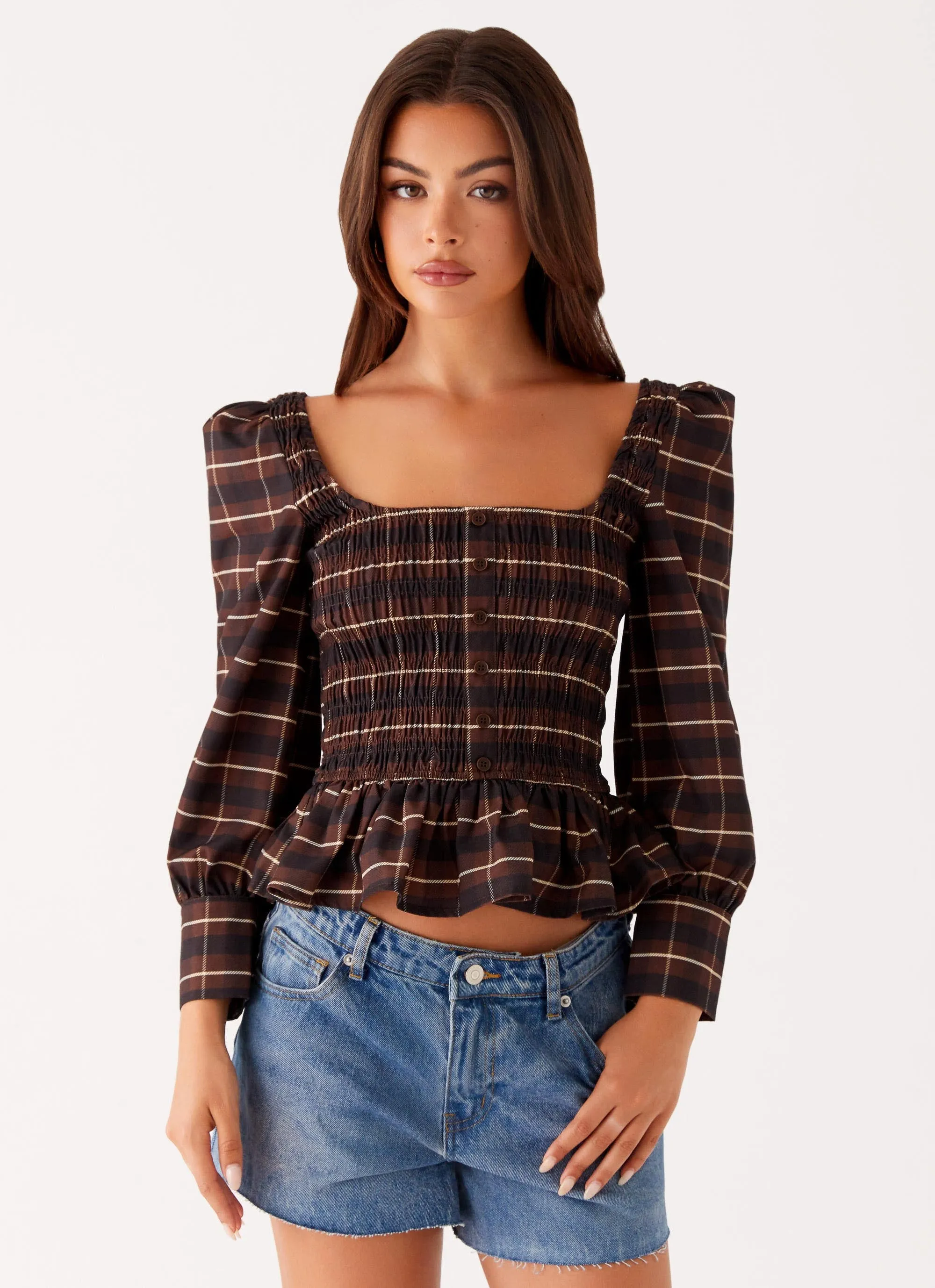 Joyce Long Sleeve Shirred Top - Chocolate Check LayeredPanel