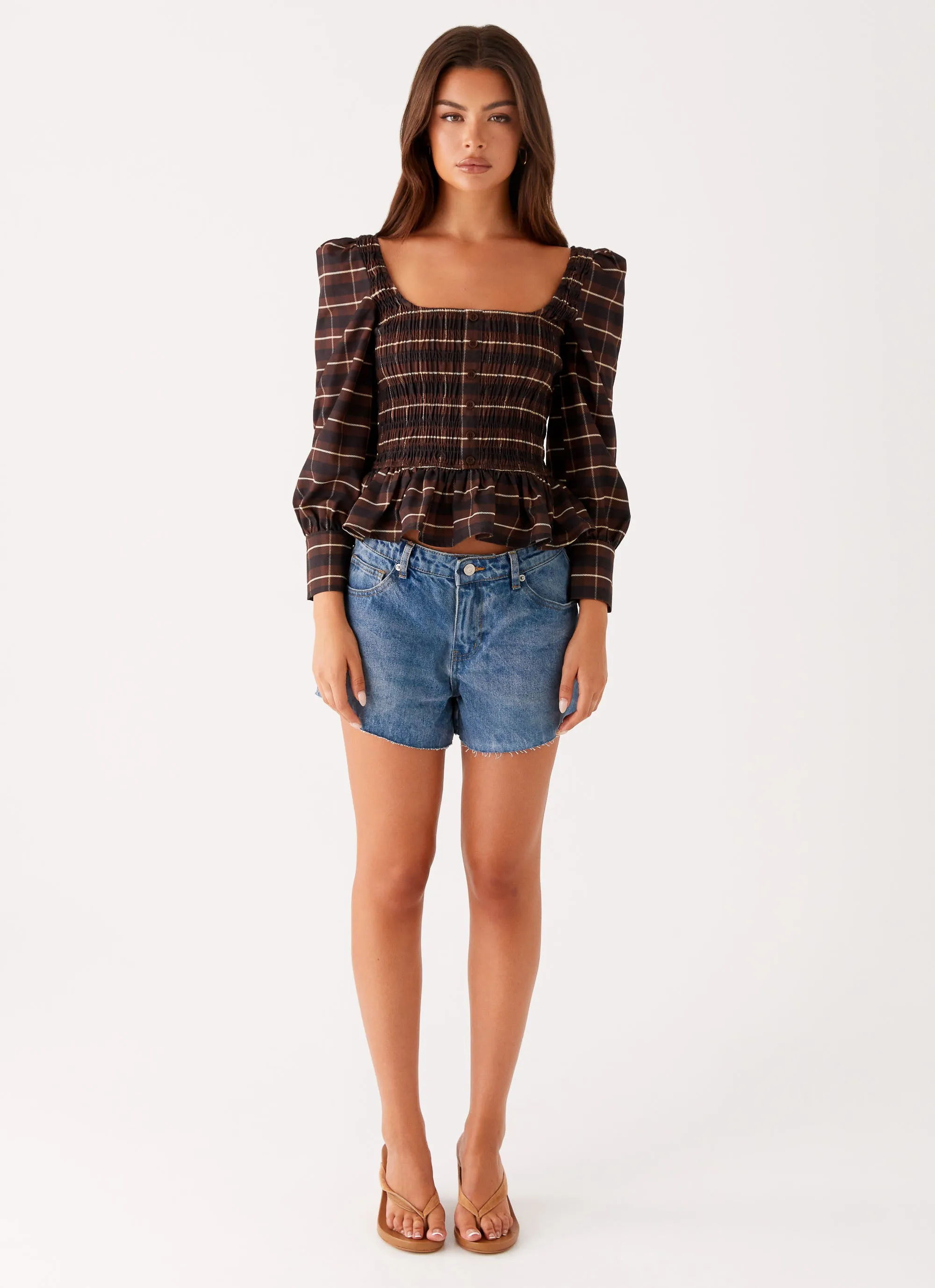 Joyce Long Sleeve Shirred Top - Chocolate Check Durable Stitch Pattern