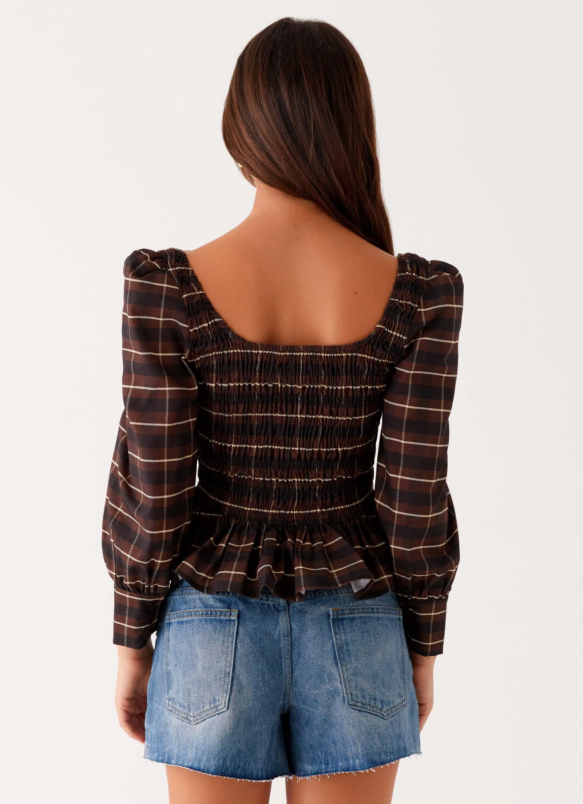 Joyce Long Sleeve Shirred Top - Chocolate Check Light Reflective Printing Sustainable Manufacturing