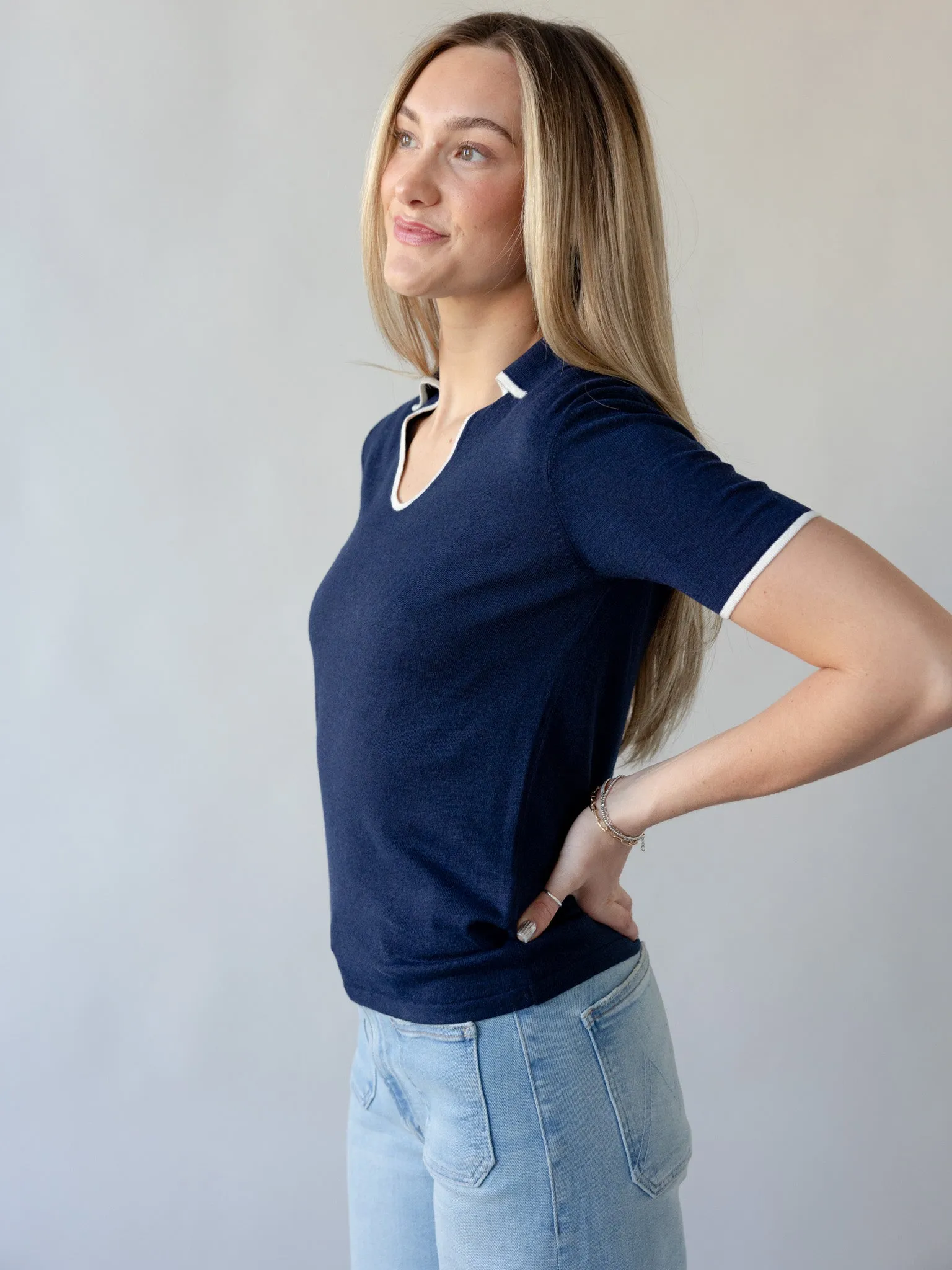 QuickDry Textile VNeckline Watts Knit Polo - Navy