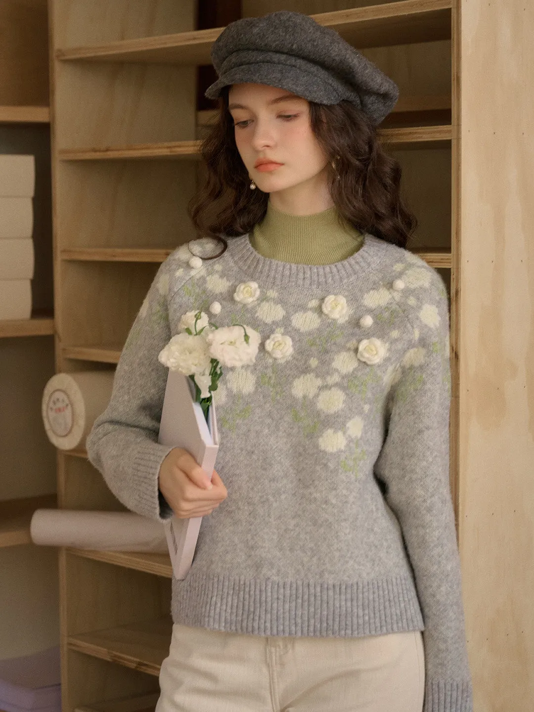 Professional Cut Brynleigh Ribbed Crew Neck Jacquard Rose & 3D Rose Sweater