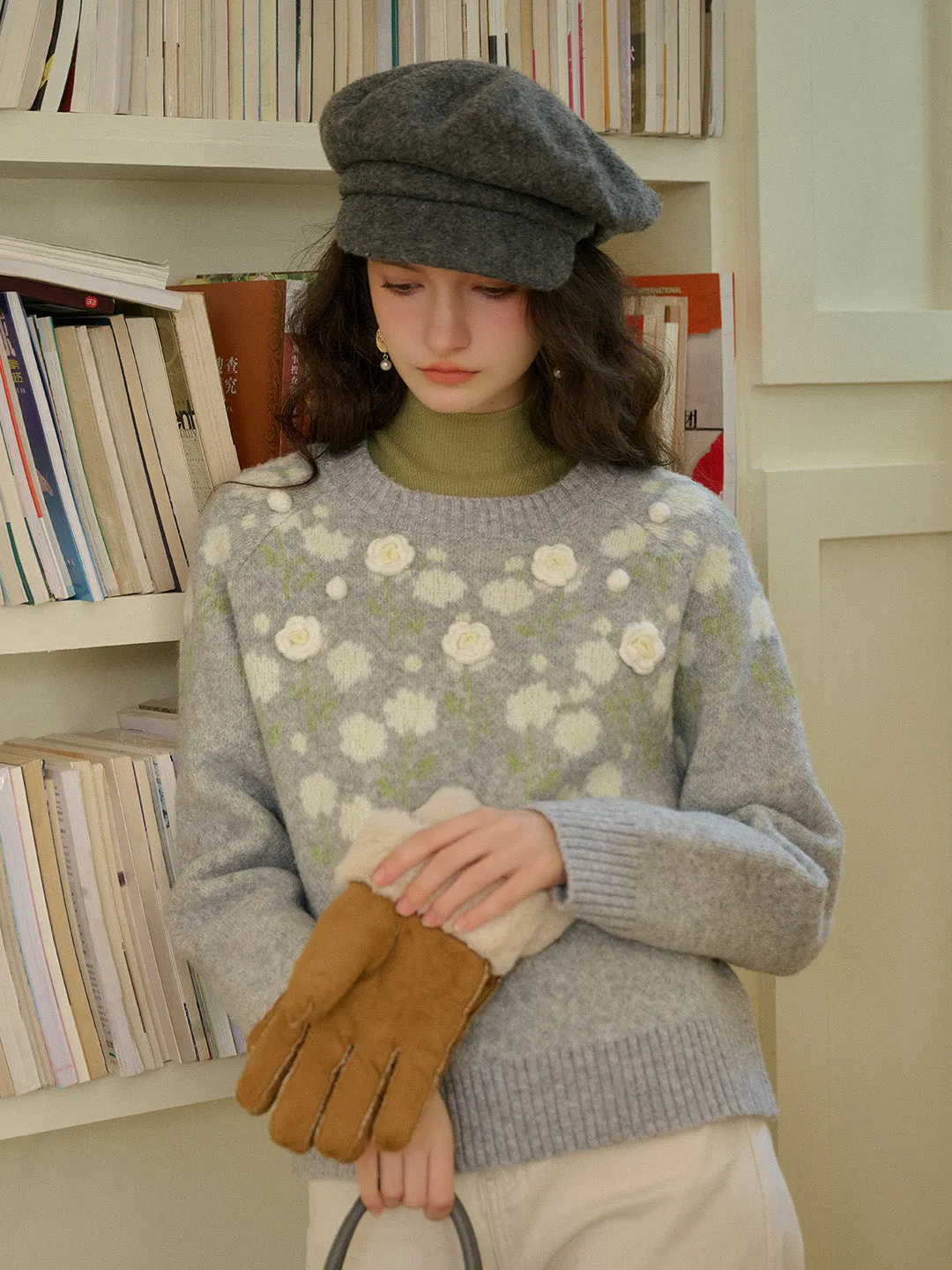 Odor Resistant Technology Tapered Side Panels Brynleigh Ribbed Crew Neck Jacquard Rose & 3D Rose Sweater