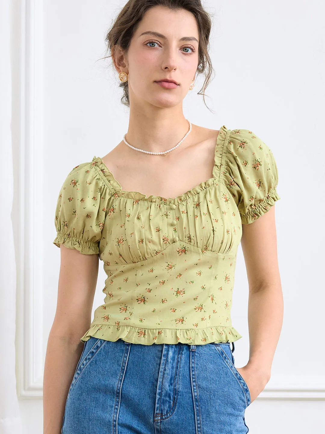 NonRestrictive ??Final Sale??Nia Ditsy Floral Print Ruched Bust Frill Trim Blouse