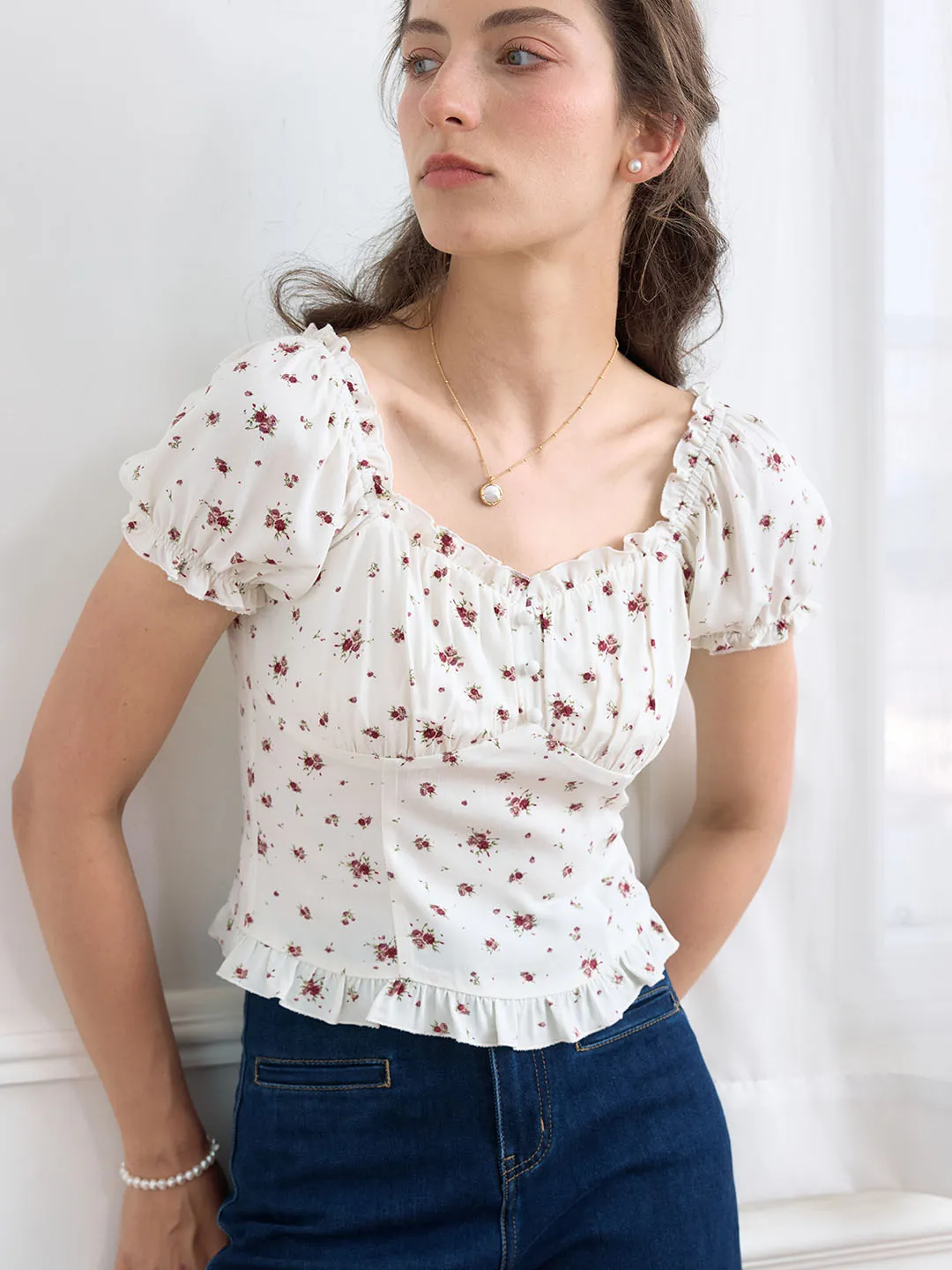 Formal Tank ??Final Sale??Nia Ditsy Floral Print Ruched Bust Frill Trim Blouse