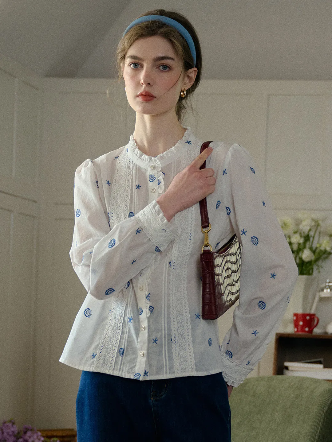 Layered Hem Reinforcement Madison Lace Paneled Button Front Cotton Blouse