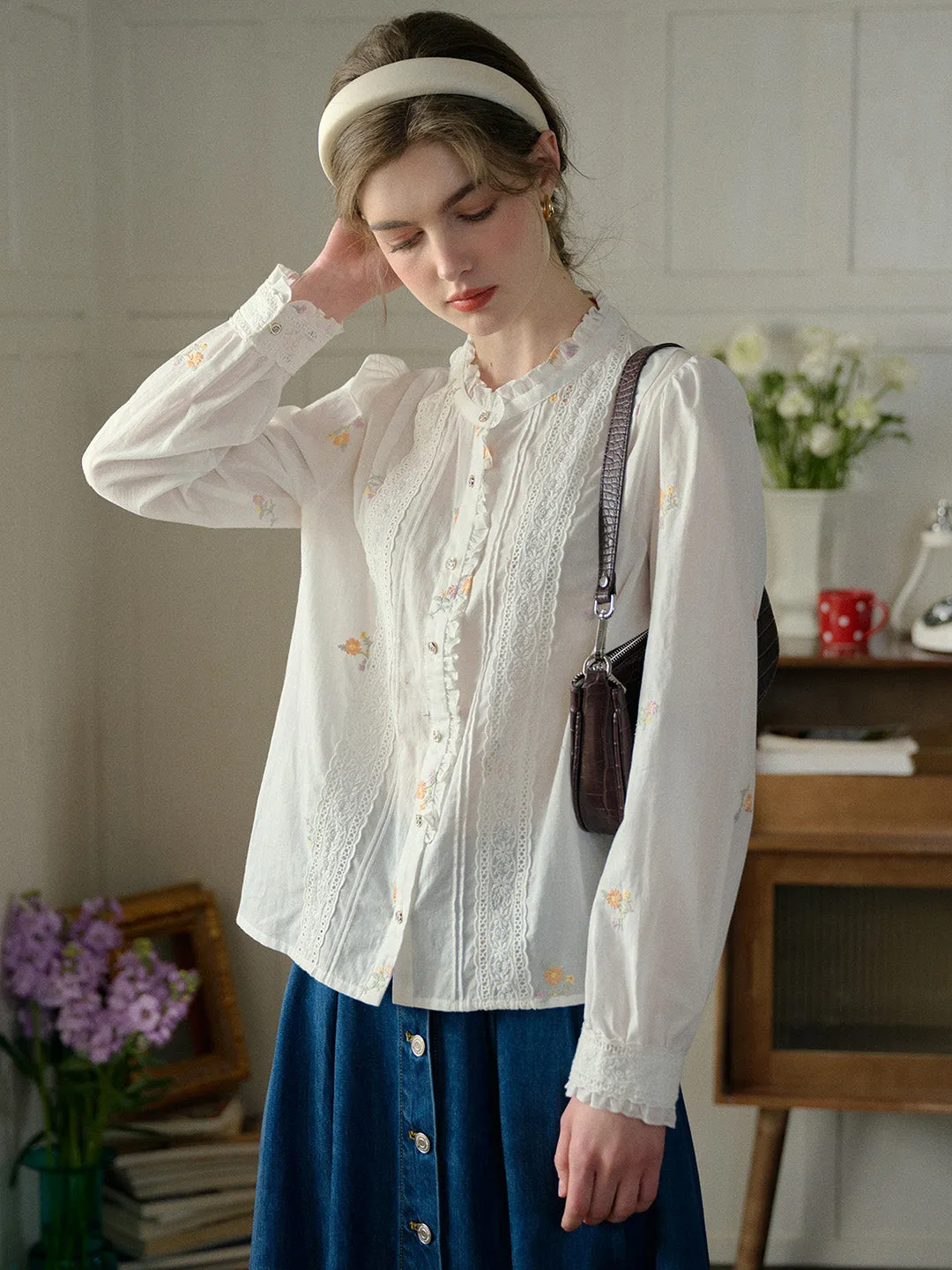 Madison Lace Paneled Button Front Cotton Blouse SoftInteriorLining Anti Bacterial Layer