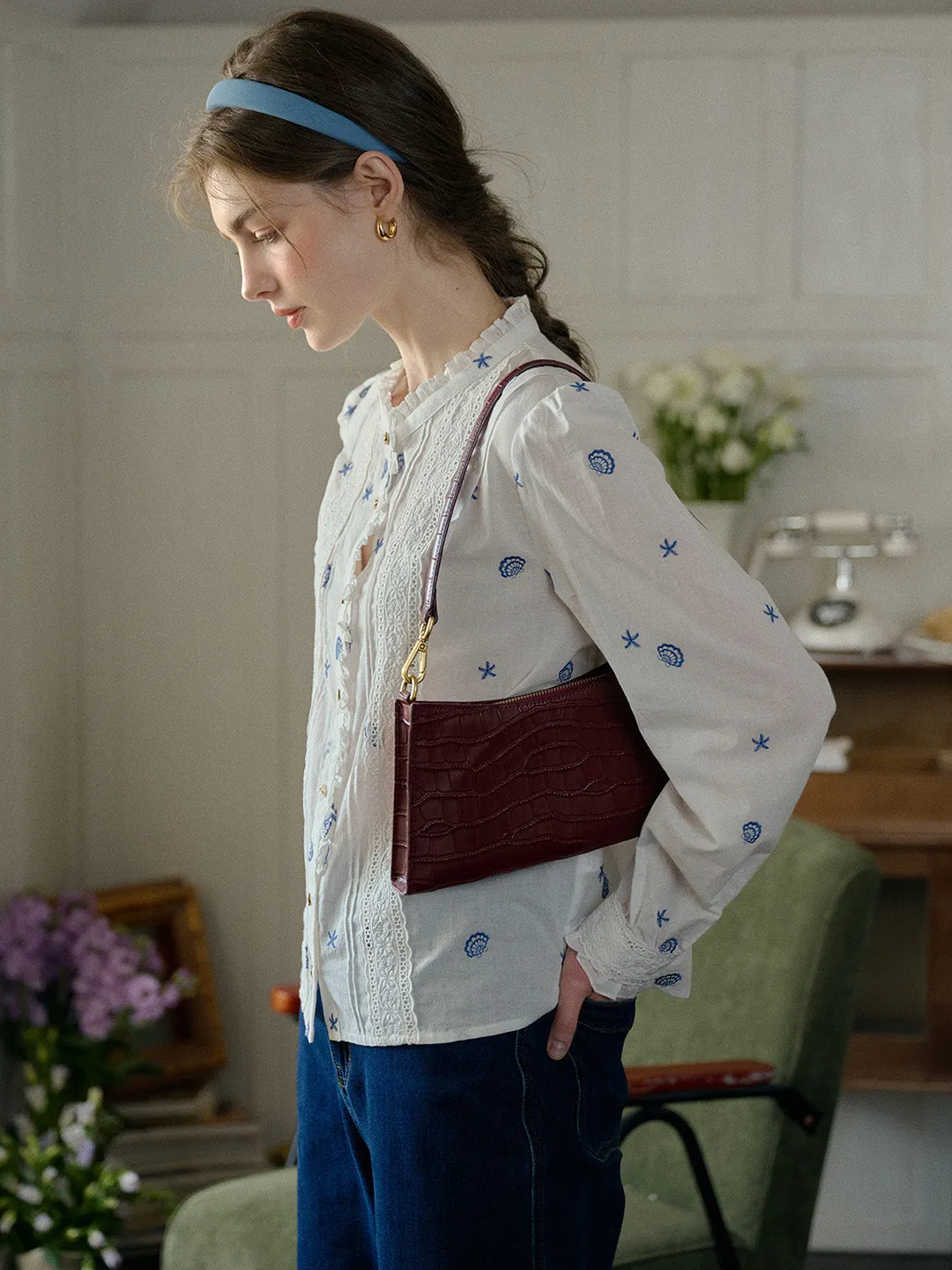 Madison Lace Paneled Button Front Cotton Blouse Quick Dry Technology