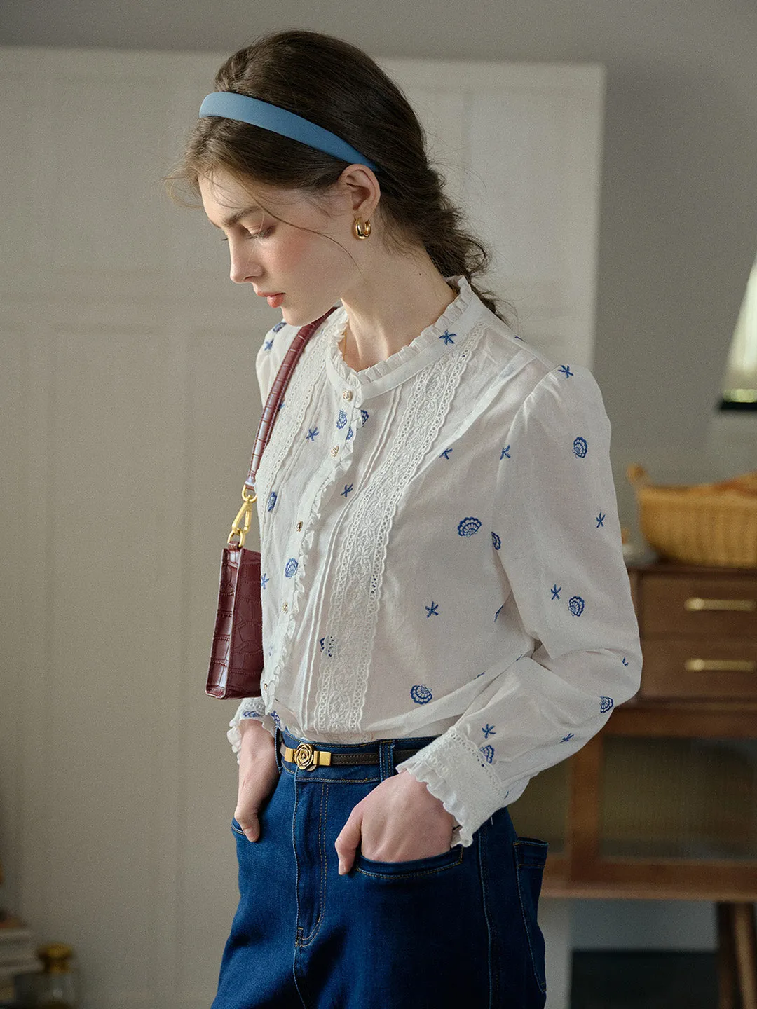 Sustainable Material Blend Cozy Wear Madison Lace Paneled Button Front Cotton Blouse