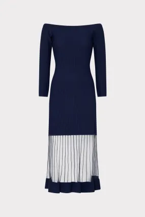 Off The Shoulder Sheer Knit Midi Dress Layered-Sleeve Relaxed Style