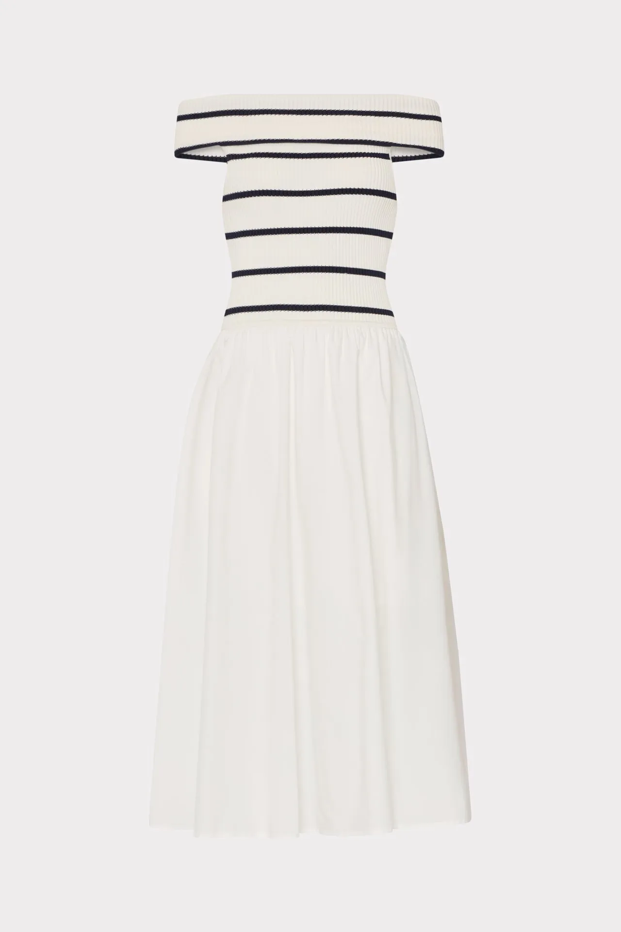 Off The Shoulder Stripe Knit Poplin Midi Dress Bow Soft Chill Lines