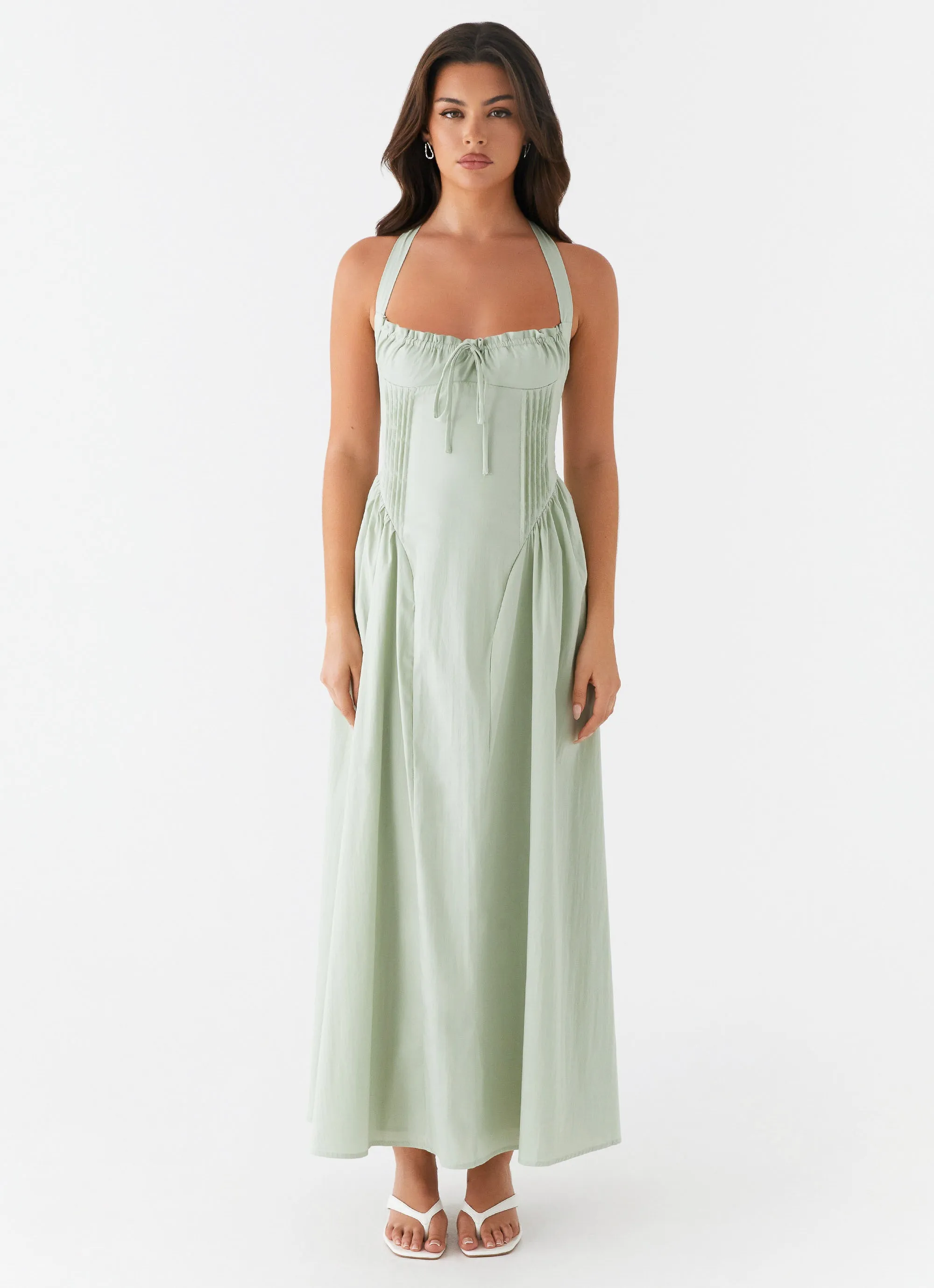 Olenna Halterneck Midi Dress - Sage Embroidered Fabric Charming Style