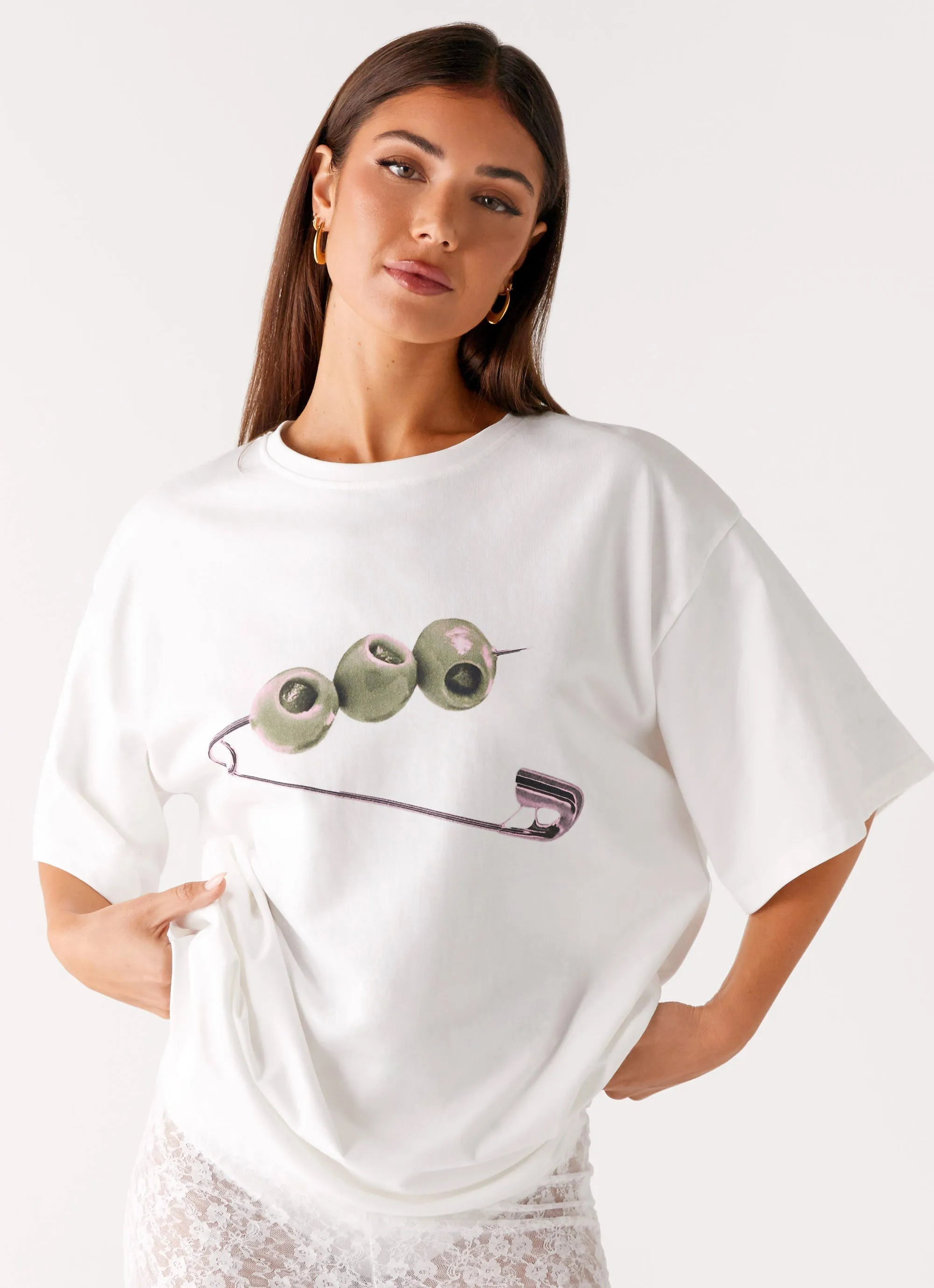Asymmetrical hem Olive Oversized Tee - White