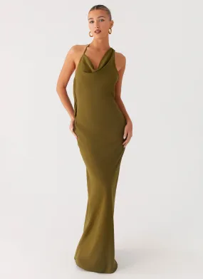 Opal Glow Maxi Dress - Khaki Flexible Fabric Sage Detail