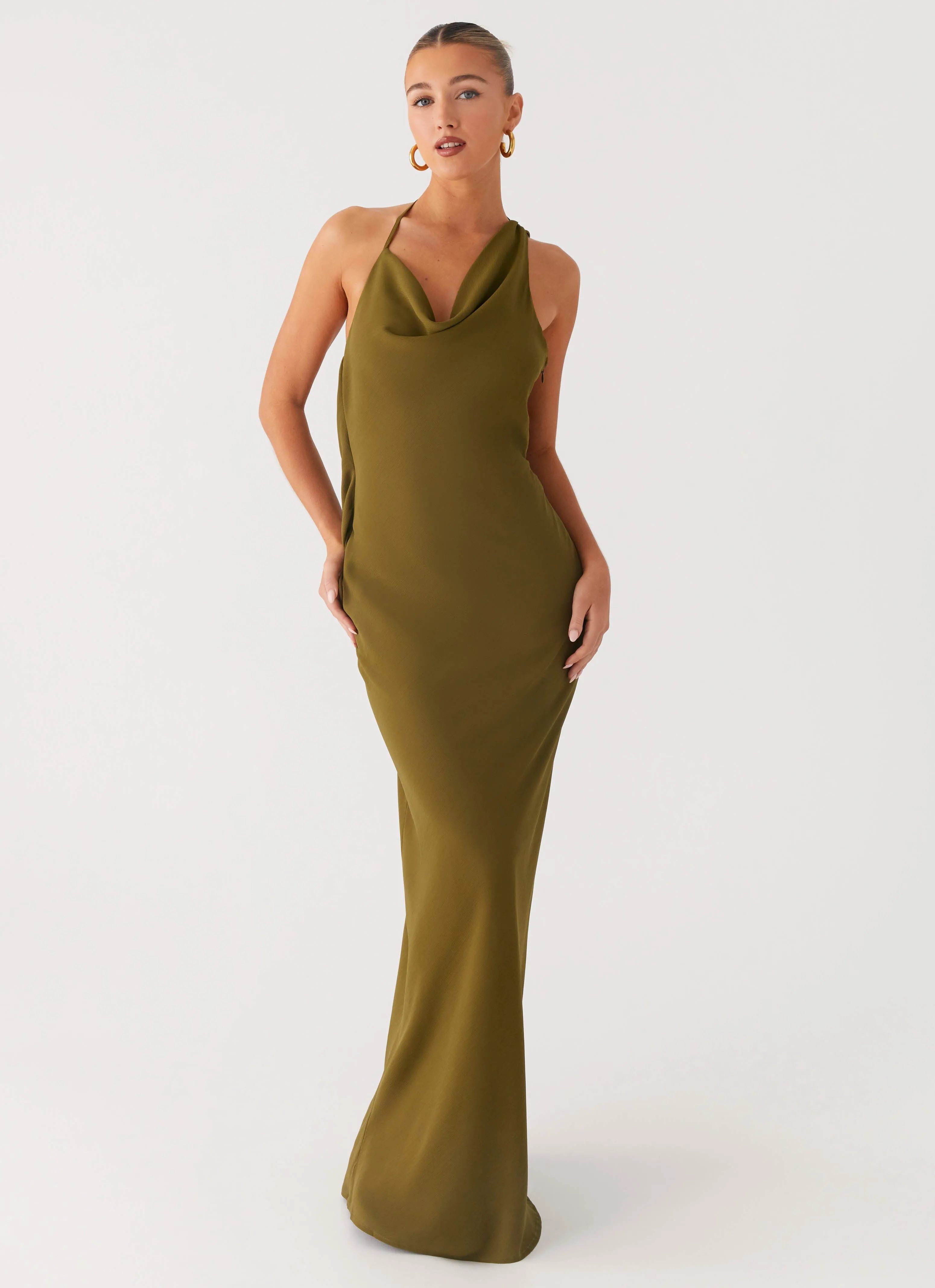 Opal Glow Maxi Dress - Khaki Flexible Fabric Sage Detail