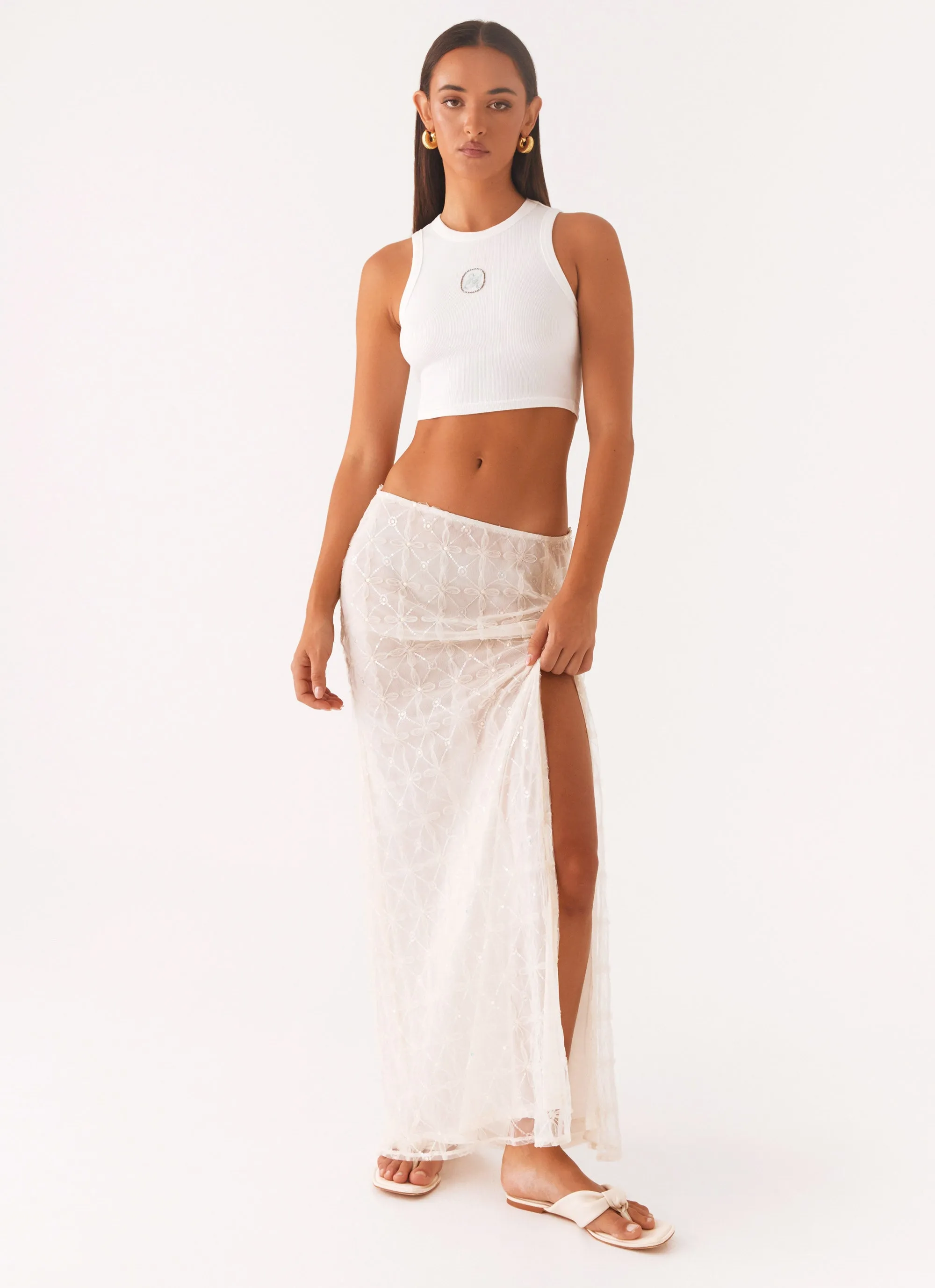 Opal Sequin Maxi Skirt - White Midi length