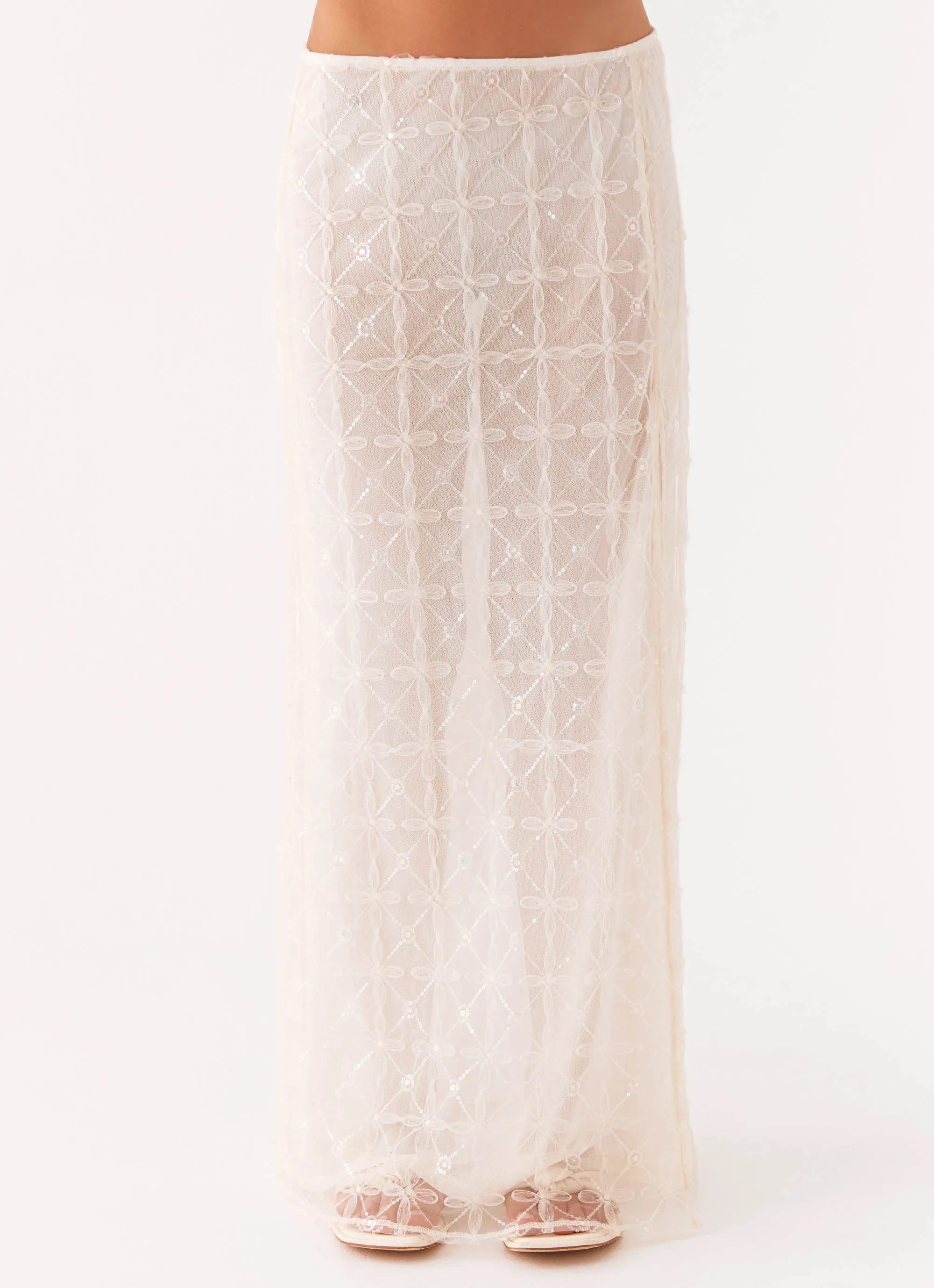 Laser Cut Edges Calm Mood Opal Sequin Maxi Skirt - White