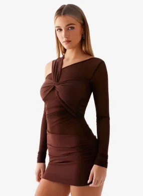 spring fashion Ophelie Asymmetric Long Sleeve Mini Dress - Chocolate