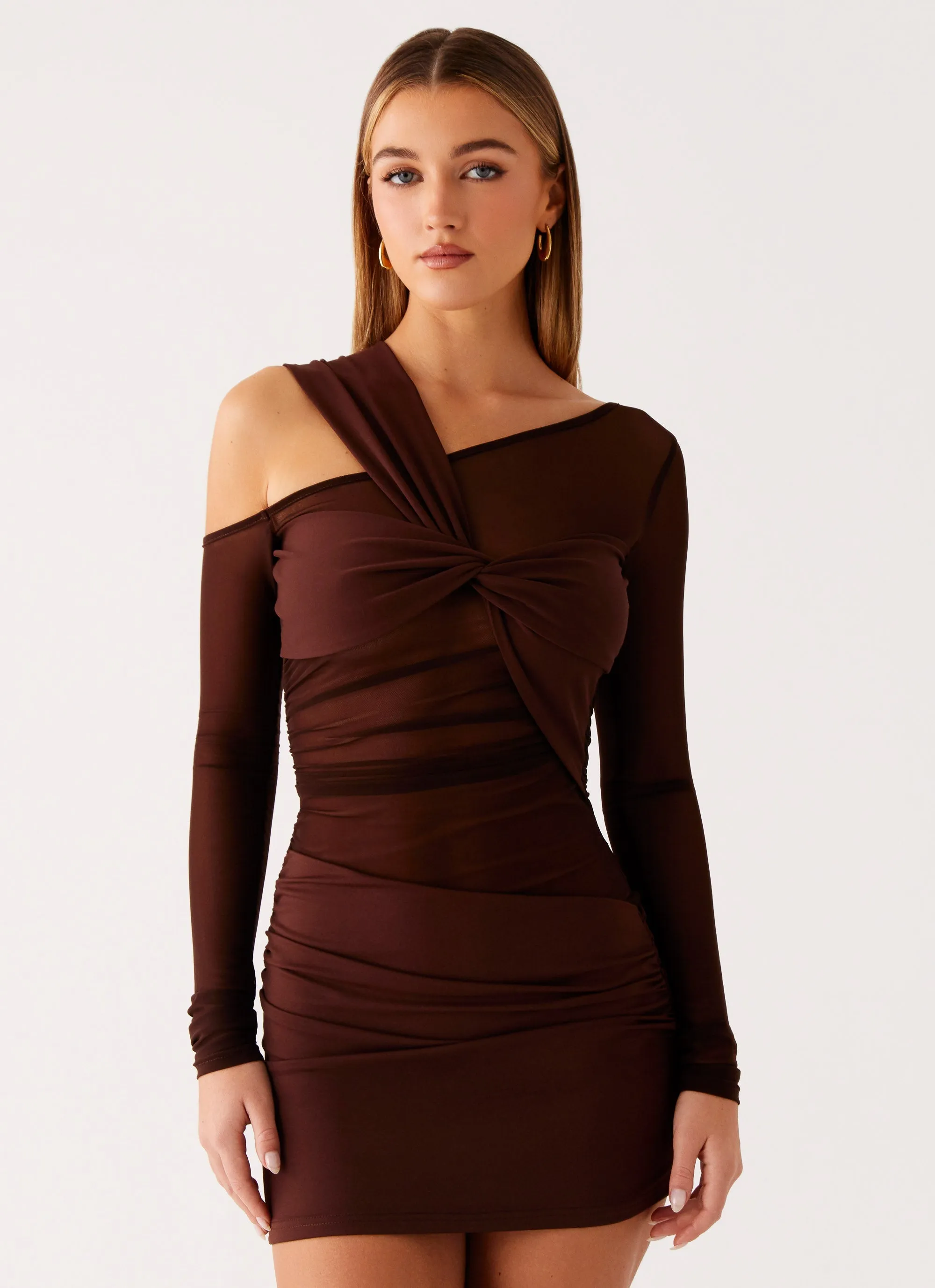 Ophelie Asymmetric Long Sleeve Mini Dress - Chocolate Gentle Flow All Day Look