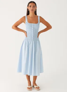 Nordic Plain Wildflower Midi Dress - Blue