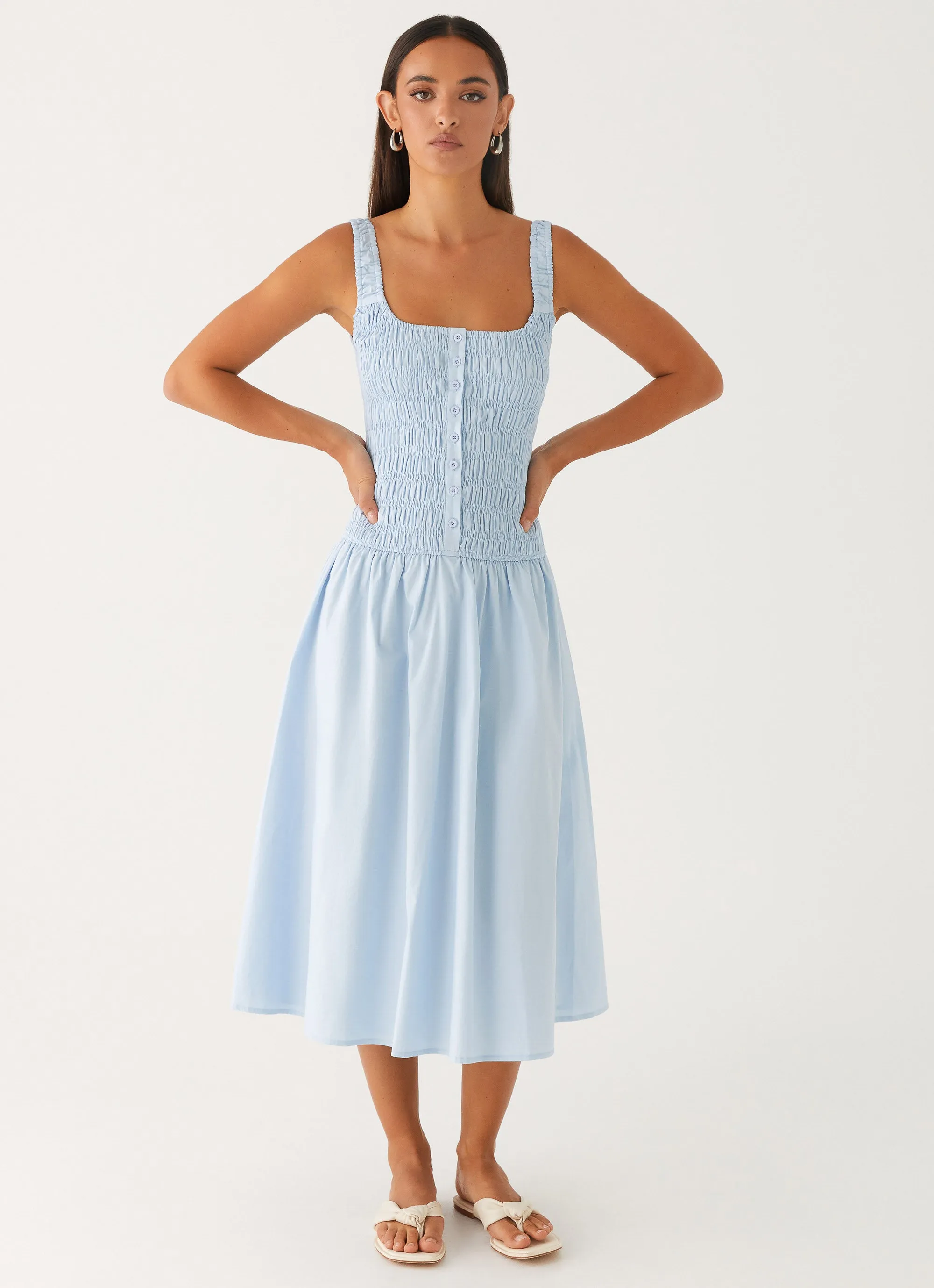 Nordic Plain Wildflower Midi Dress - Blue