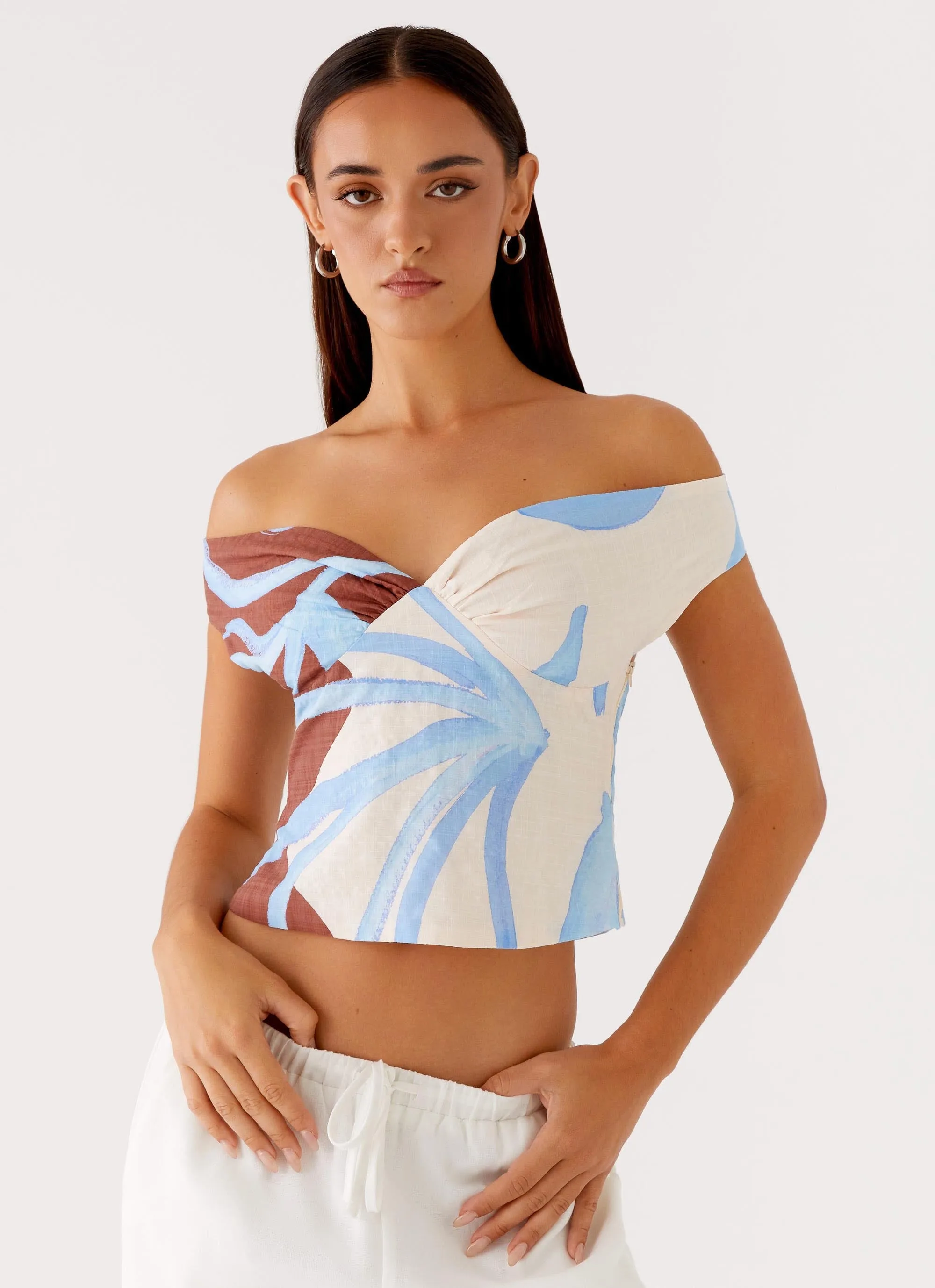 Ozella Off Shoulder Top - Bloom Wave Print Adjustable Hem
