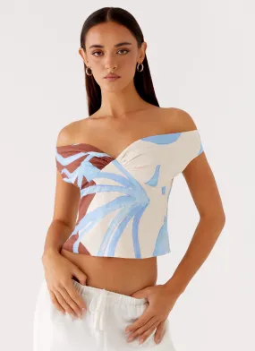 Ozella Off Shoulder Top - Bloom Wave Print Adjustable Hem