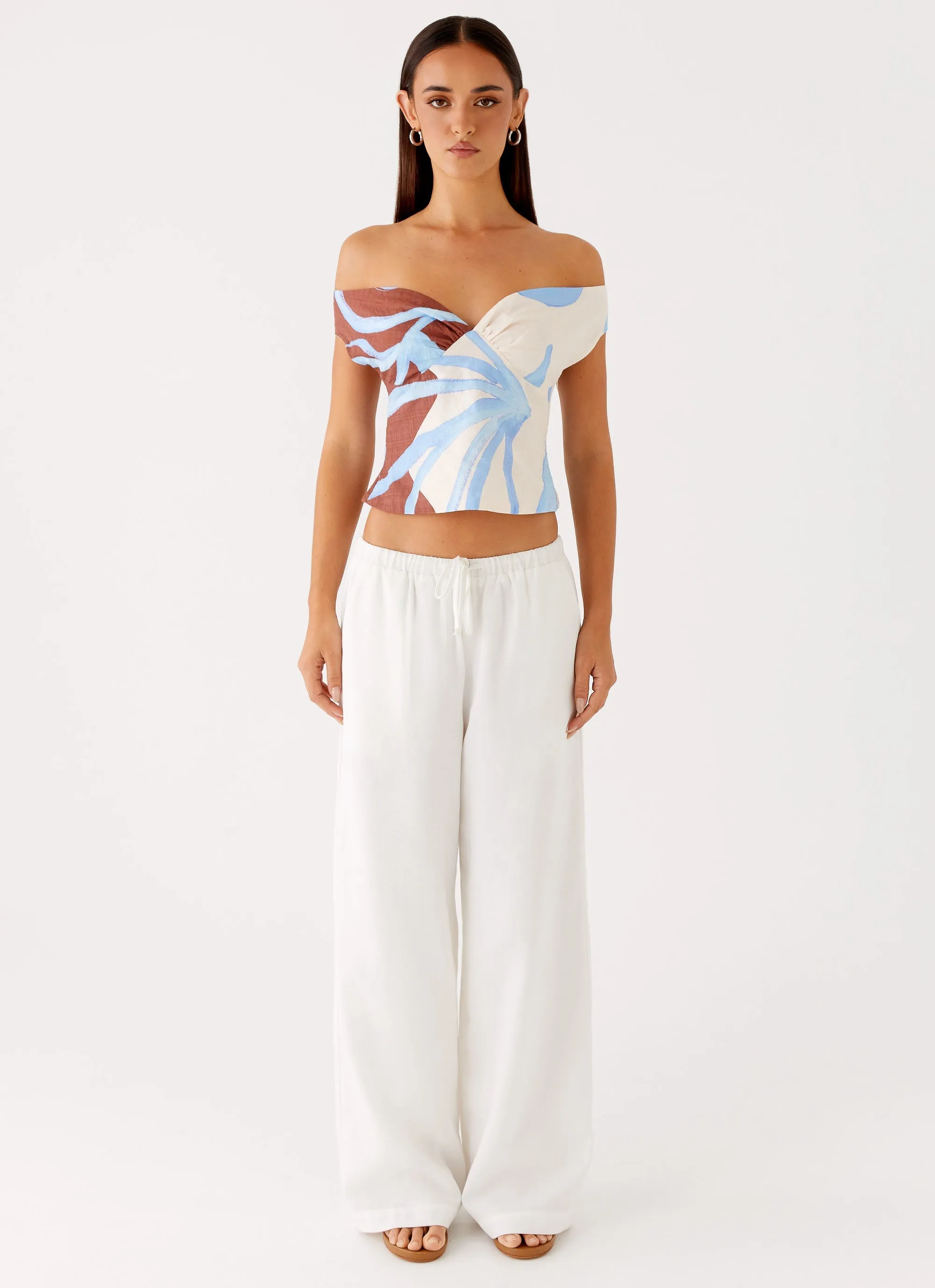 DoubleStitched Hemming Ozella Off Shoulder Top - Bloom Wave Print